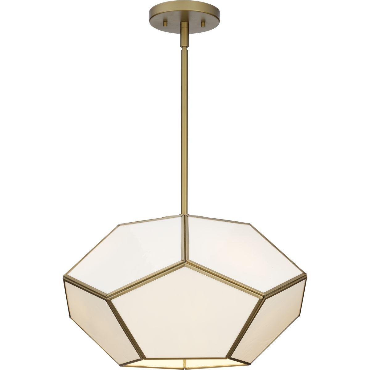 Progress Lighting Latham 3-Light Semi-Flush Mount, Vintage Gold, White Art Glass. Geometric framework with handmade glass.