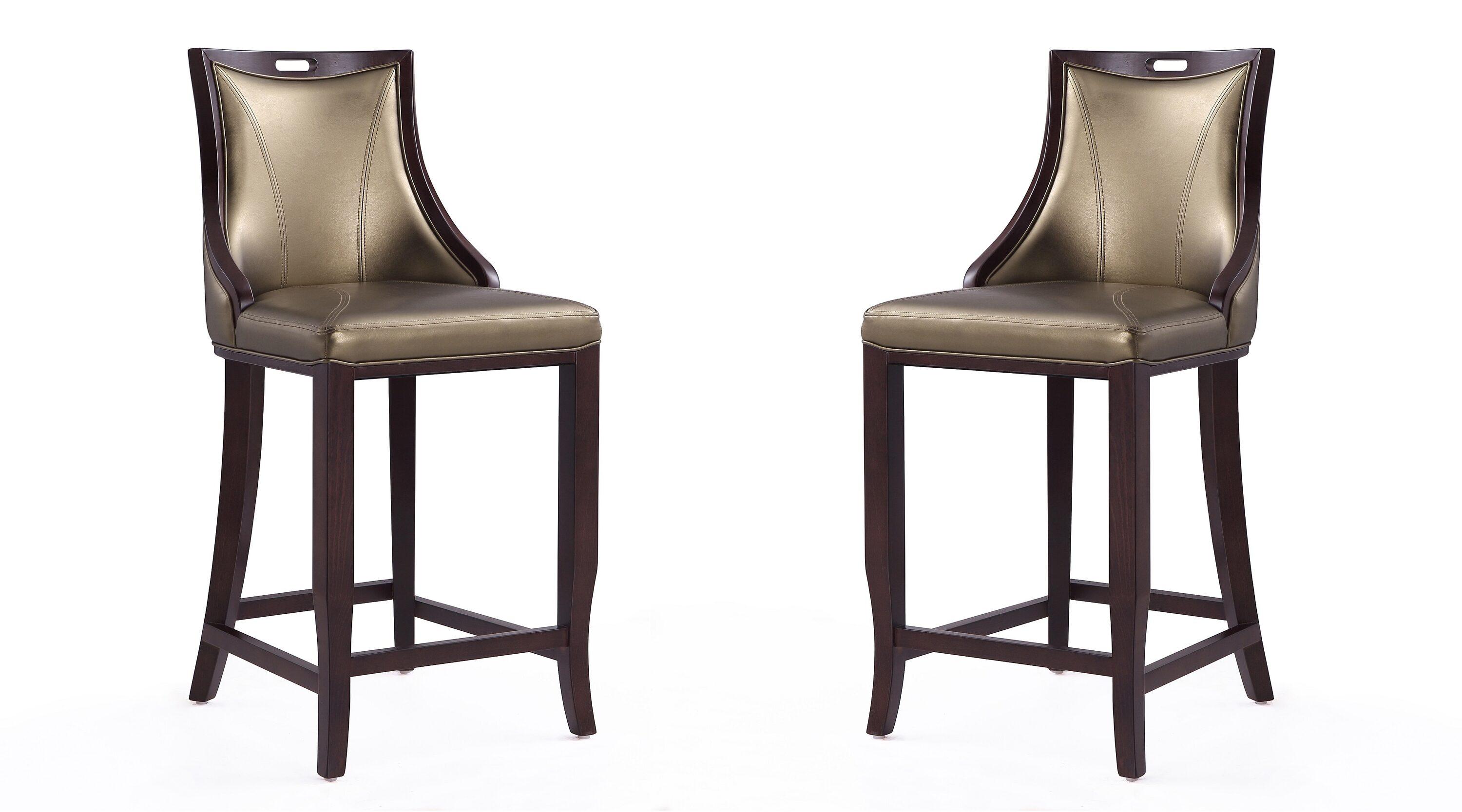 Set of 2 Emperor Upholstered Beech Wood Faux Leather Barstools Bronze - Manhattan Comfort: Semi-Gloss Finish, No Assembly Required
