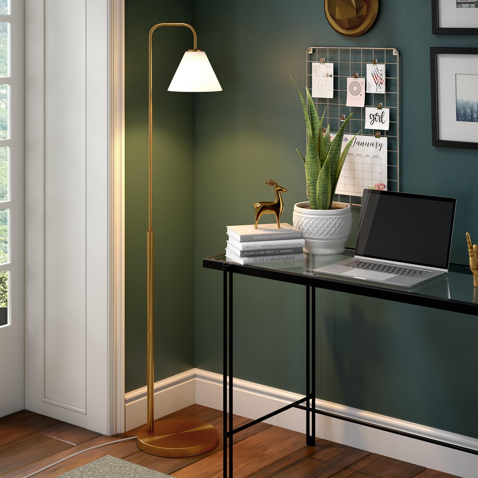 Evelyn&Zoe Henderson Arc Floor Lamp with Glass Shade, Brass/White Milk