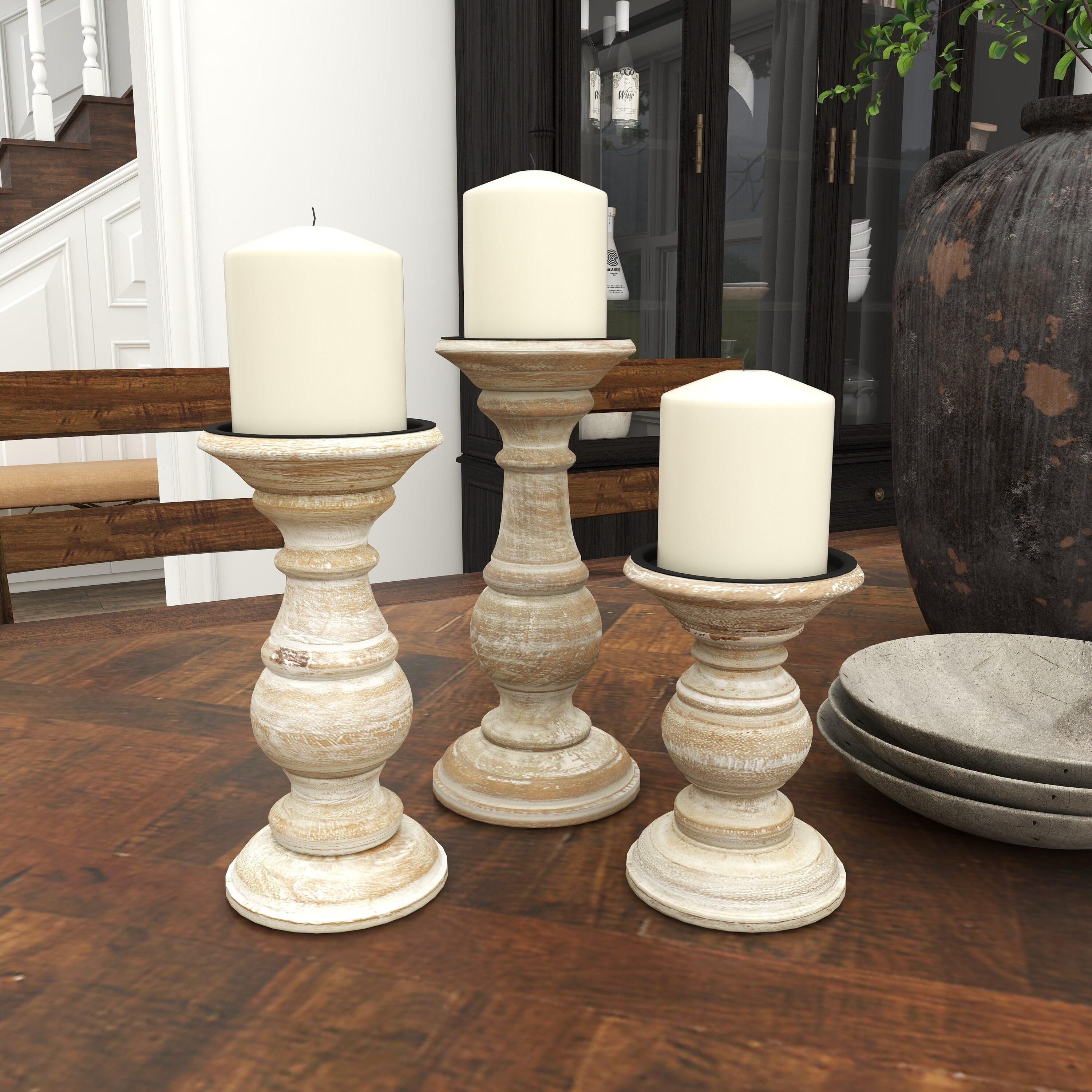 DecMode Traditional and Timeless Mango Wood Pillar Candle Holder Set of 3, 6", 8", 10"H, Cream Finish