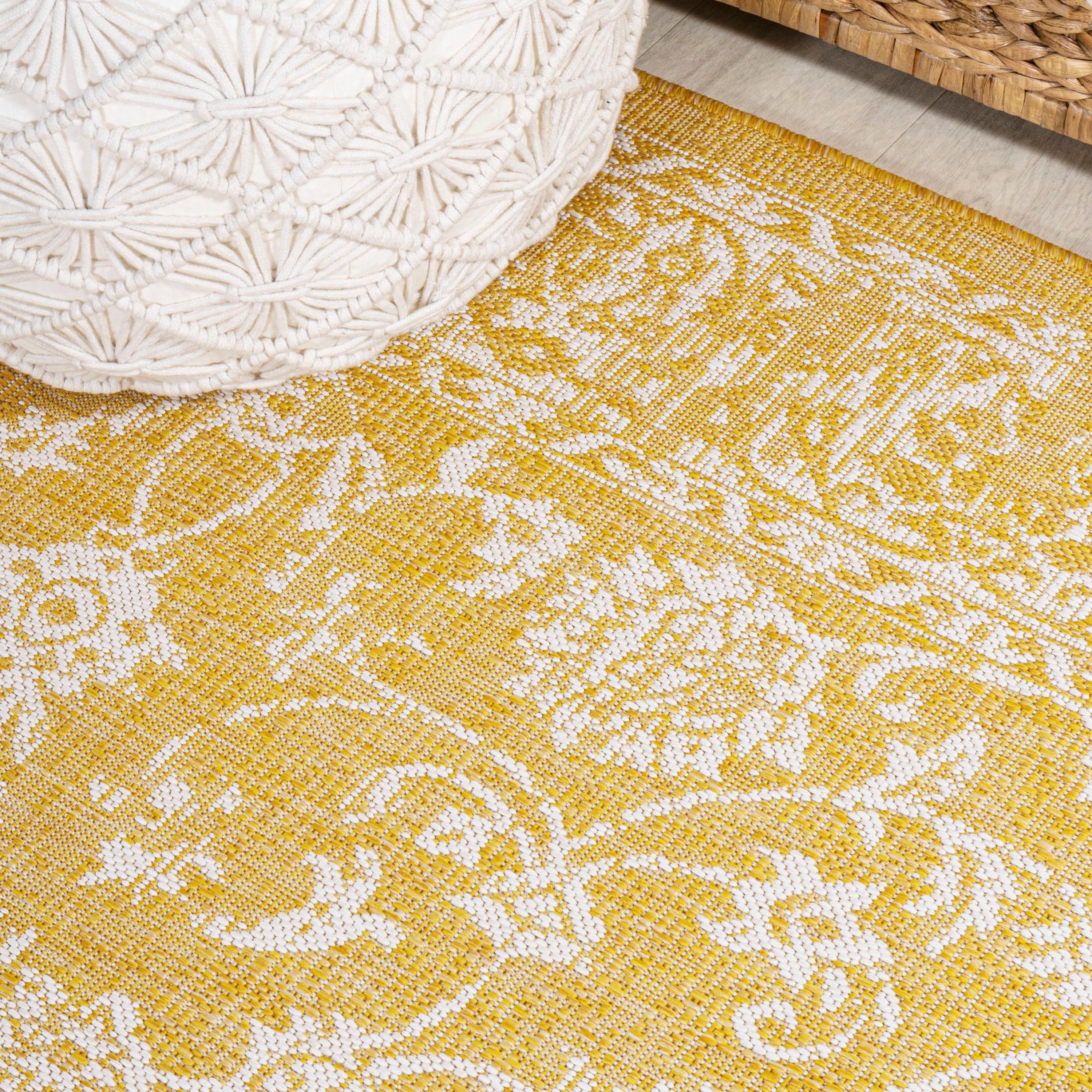 9' x 12' Tela Bohemian Textured Weave Floral Indoor/Outdoor Area Rug, Yellow/Cream - JONATHAN Y