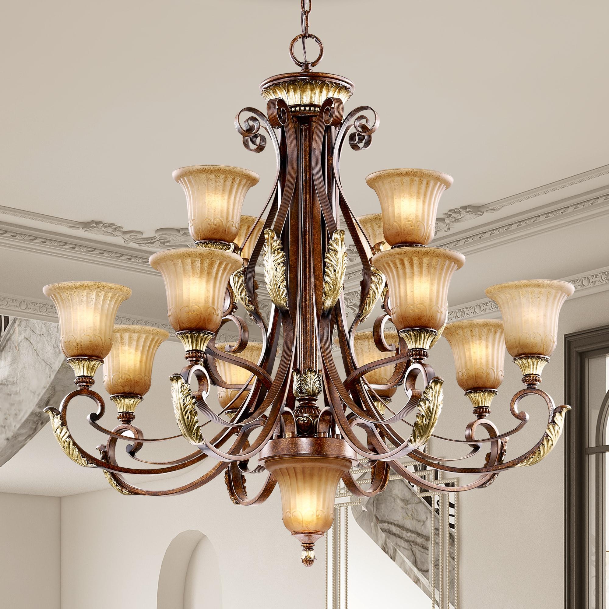 Villa Verona 13-Light Chandelier in Bronze with Rustic Art Glass