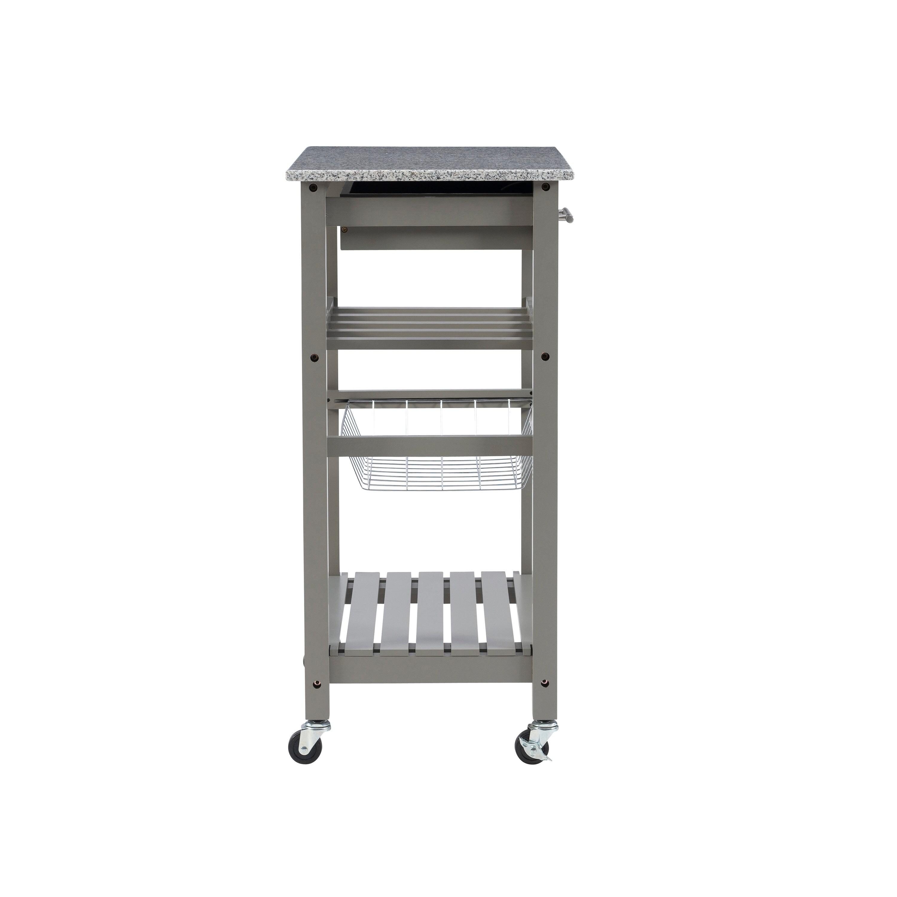 Roger Gray Wood Movable Kitchen Cart Granite Top Storage Wine Rack Locking Wheels - Linon