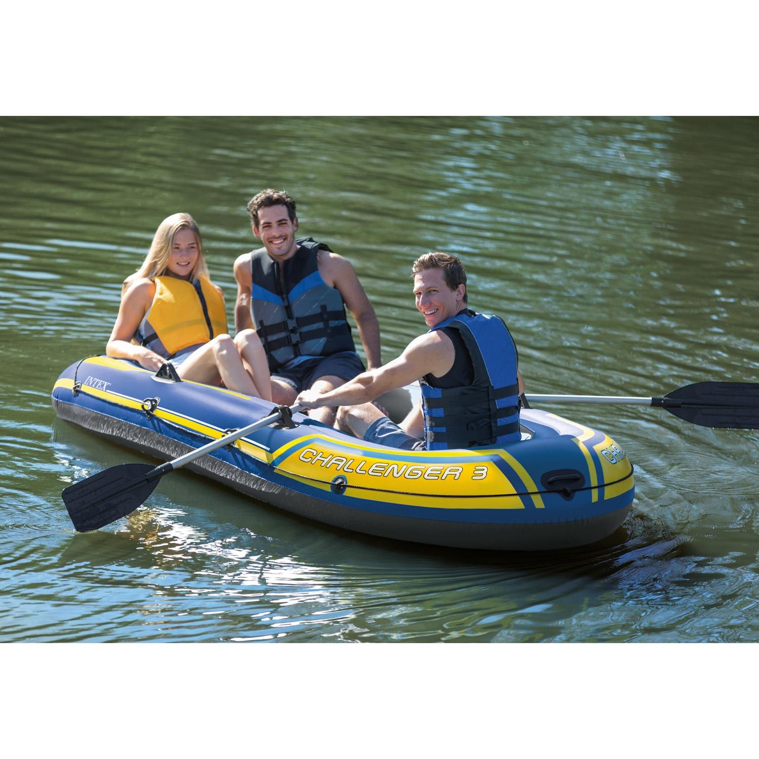INTEX 68370EP Challenger 3 Inflatable Boat Set: Includes Deluxe 48in Boat Oars and Pump – Triple Air Chambers – 3-Person – 660lb Weight Capacity