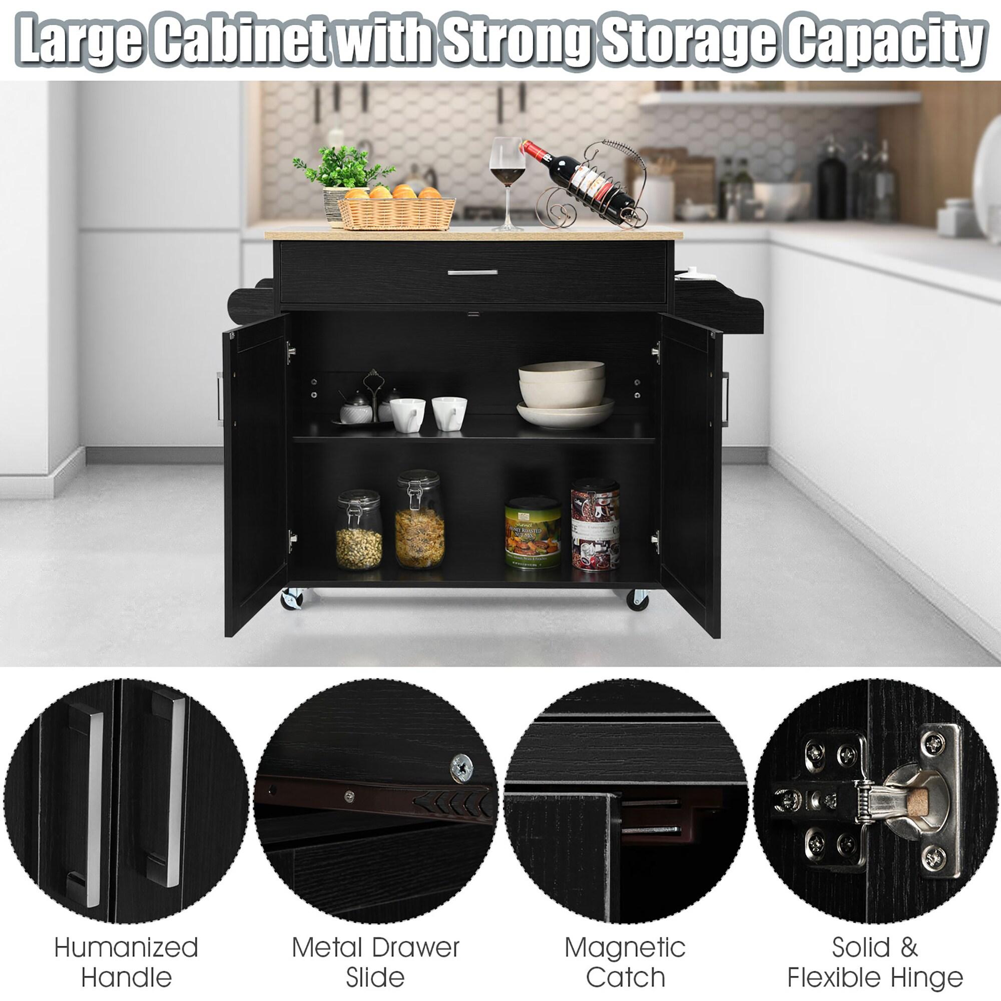 Black Fir Wood Rolling Kitchen Cart with Spice Rack and Storage
