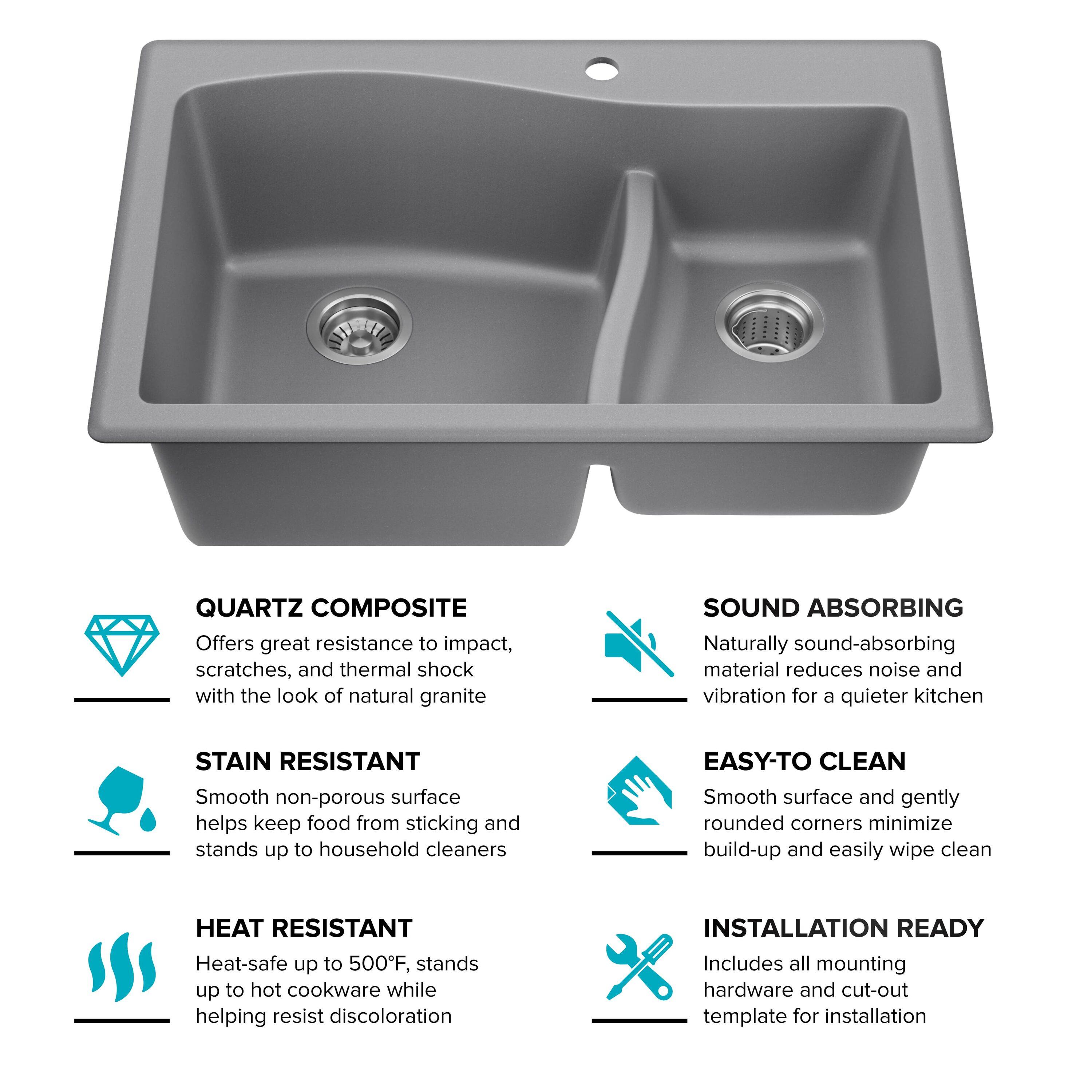 Kraus KRAUS Quarza™ 33" L Dual Mount 60/40 Double Bowl Granite Kitchen Sink KGD-442GREY