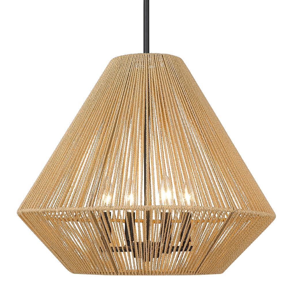 Golden Lighting Valentina 4-Light Pendant in Matte Black with Natural Raphia Rope