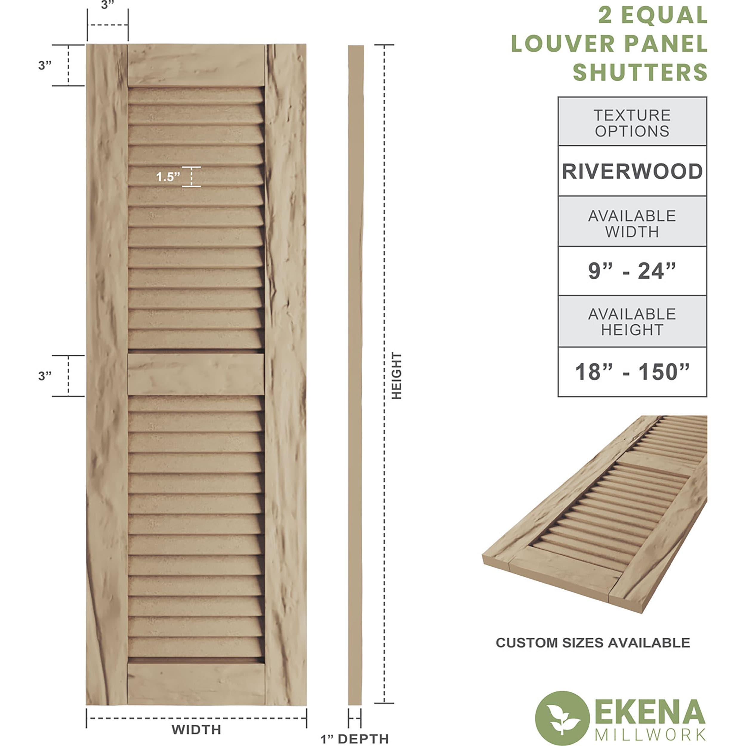 Ekena Millwork 18"W x 52"H Rustic Two Equal Louver Riverwood Faux Wood Shutters (Per Pair), Primed Tan