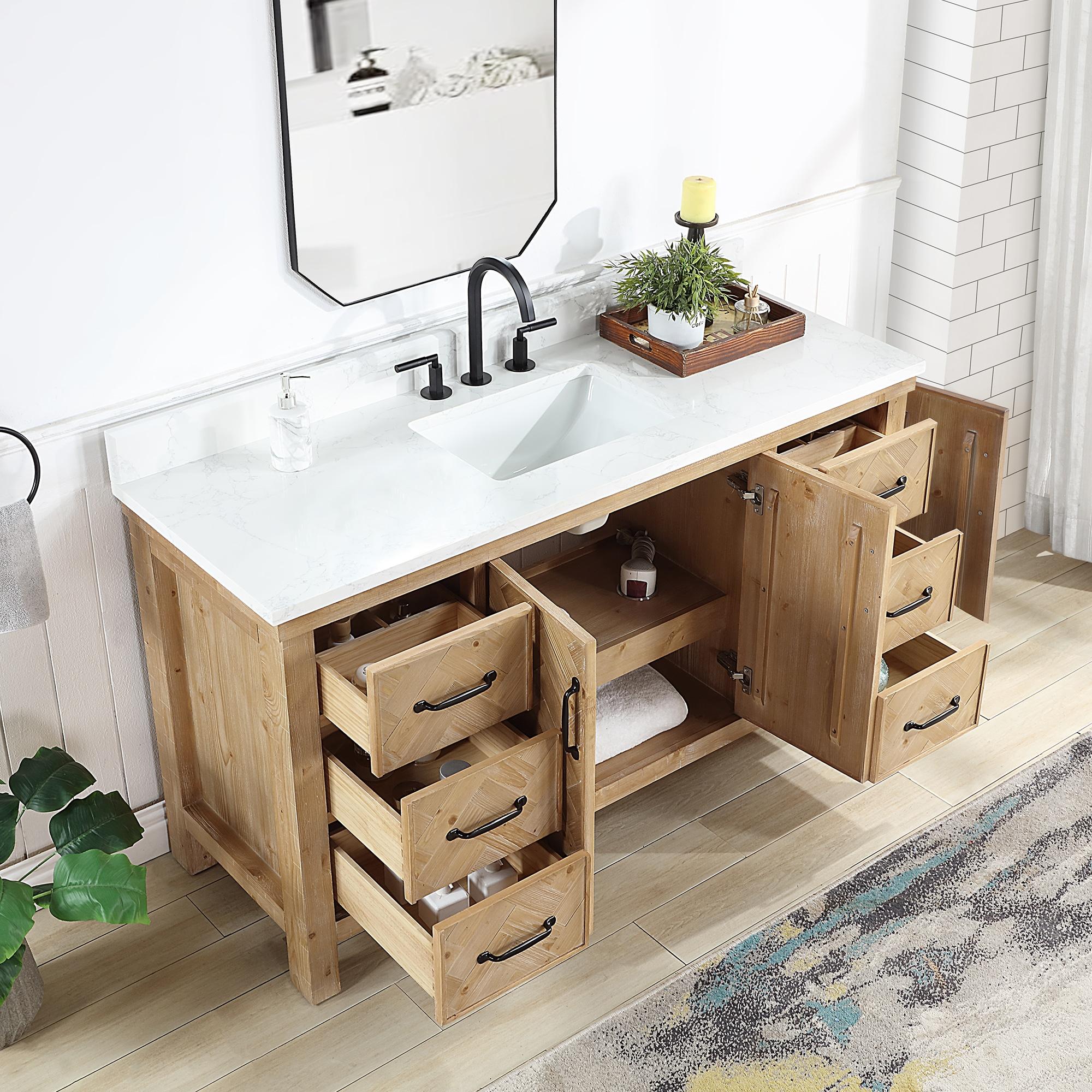 Javier 60" Bath Vanity in Spruce Antique Brown with White Grain Composite Stone