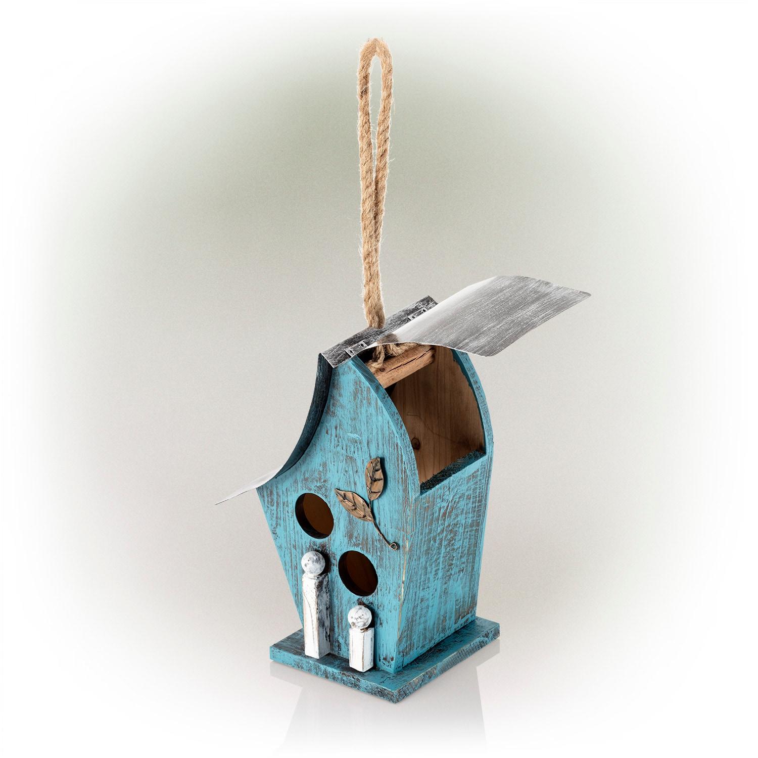 21" Tall Blue Distressed Wood and Metal Hanging Birdhouse