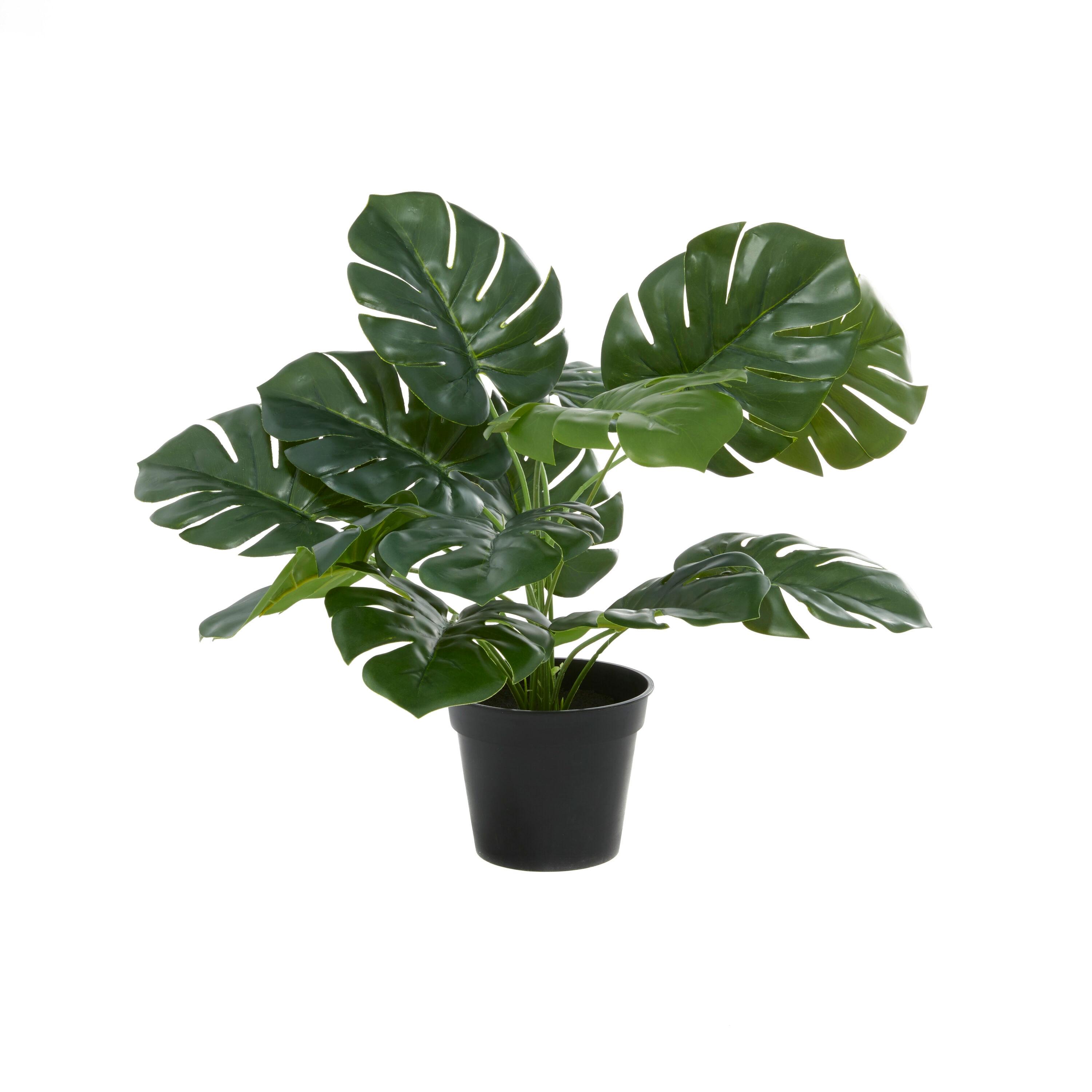 DecMode 16" Artificial Monstera Plant in Realistic Leaves and Black Plastic Pot