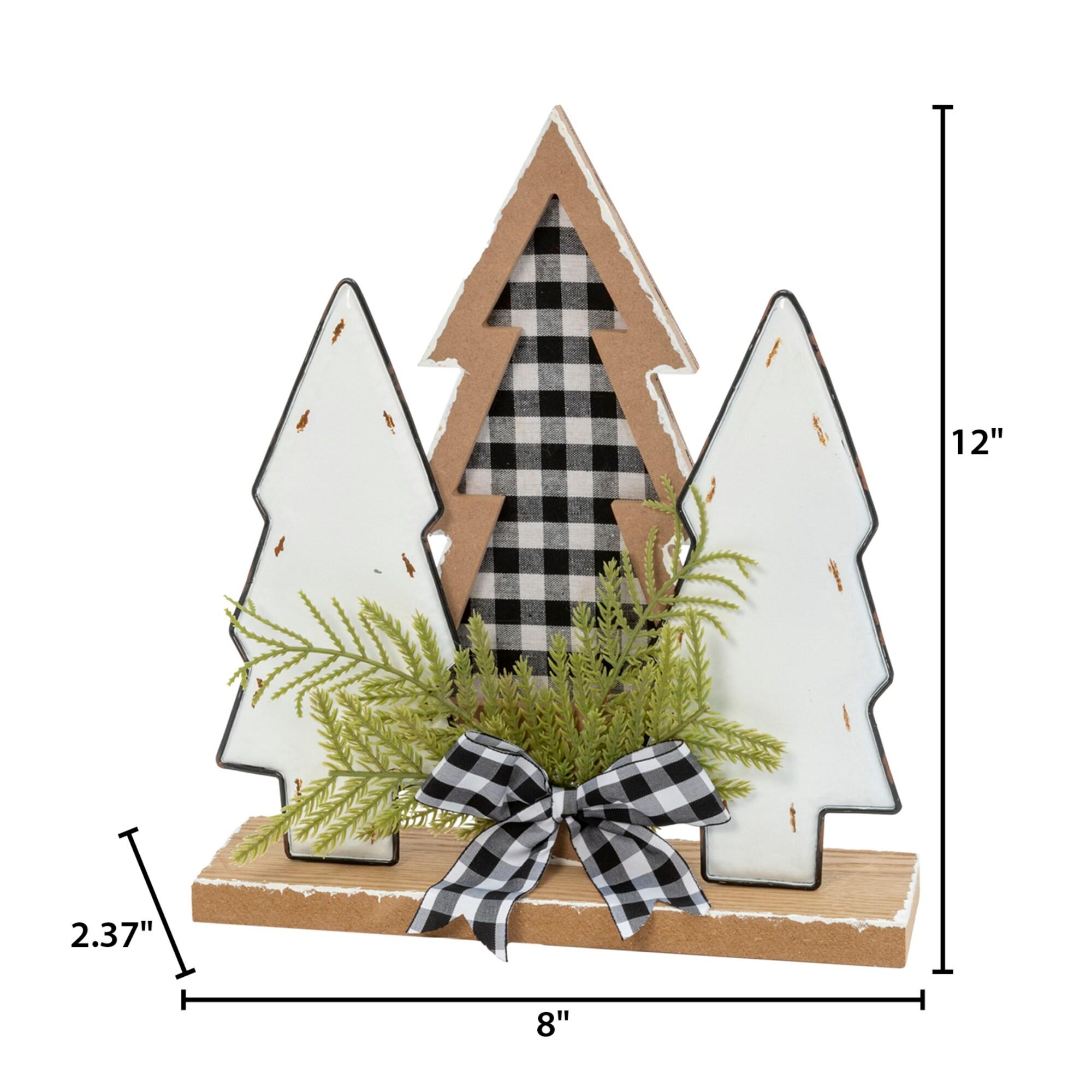 12-Inch Pine and Plastic Christmas Tree Trio with Plaid Bow