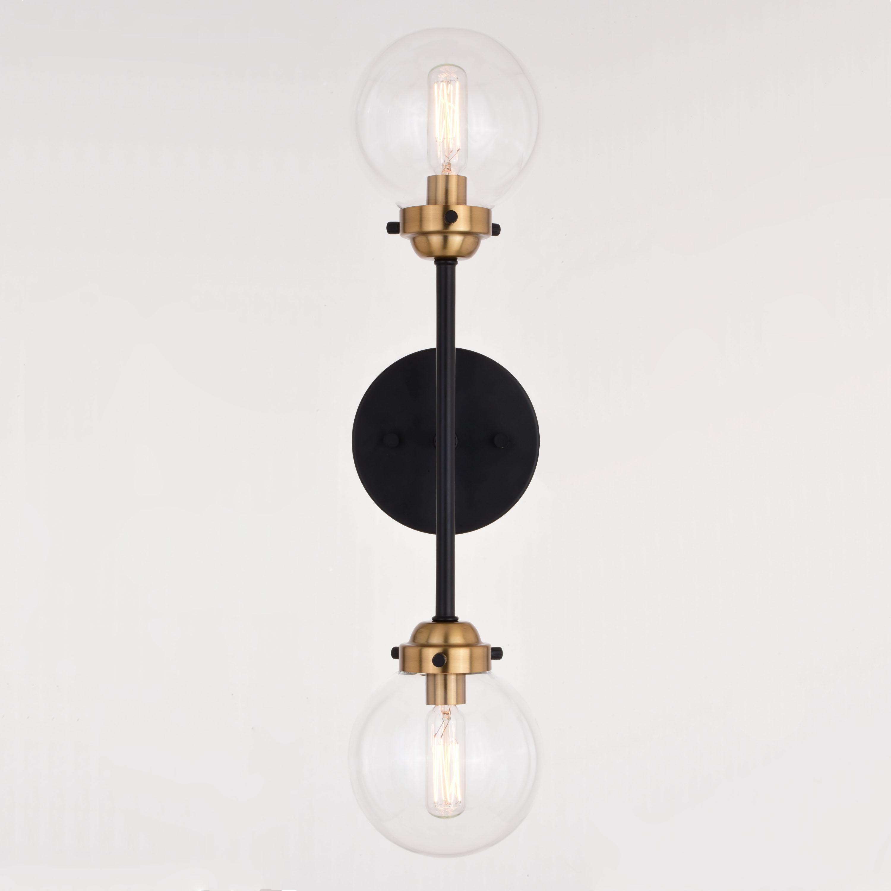 Vaxcel Orbit 2 Light Brass and Oil Rubbed Bronze Industrial MCM Wall Sconce Clear Glass Globe