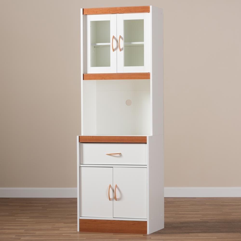 Baxton Studio Laurana Cherry Finished Kitchen Cabinet and Hutch White/Cherry Brown: Traditional Style, 4-Door Pantry Storage