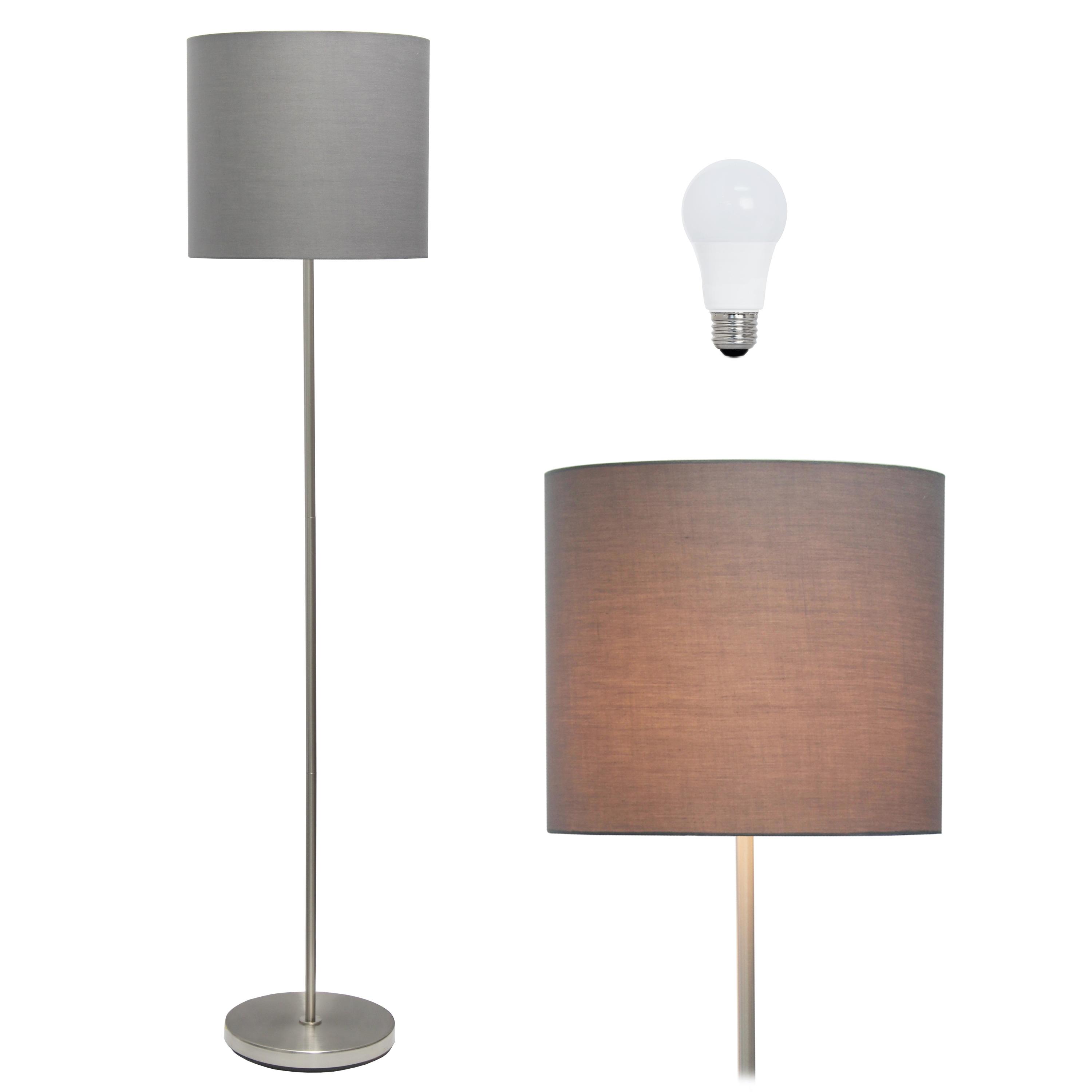 Simple Designs Drum Shade Floor Lamp Gray : Brushed Nickel Finish, Cotton Shade, ETL Listed, Modern Decor