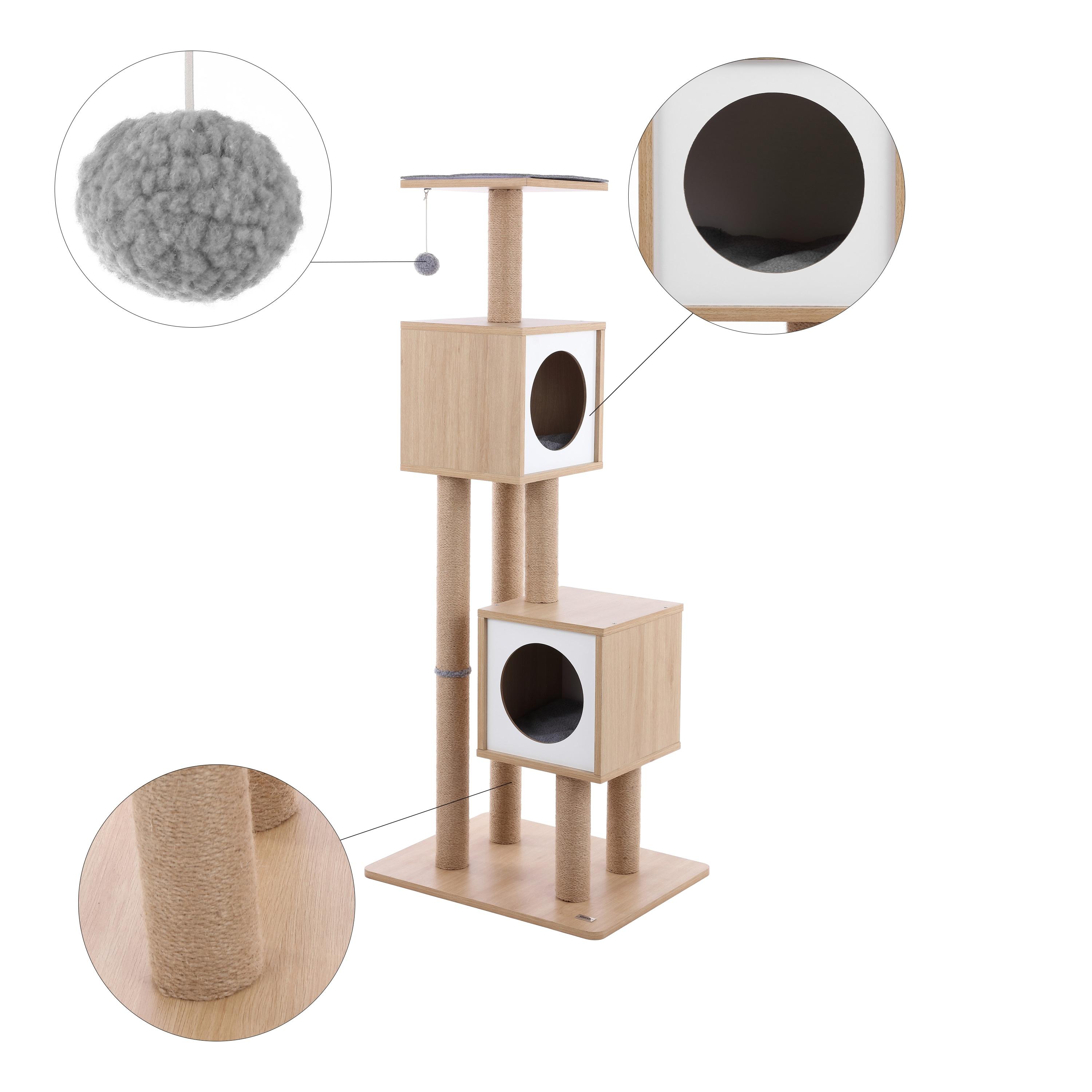 Sawyer 56" 3-Tier Minimalist Jute Cat Tree Condo with Scratching posts, and Fuzzy Toy, Brown/White