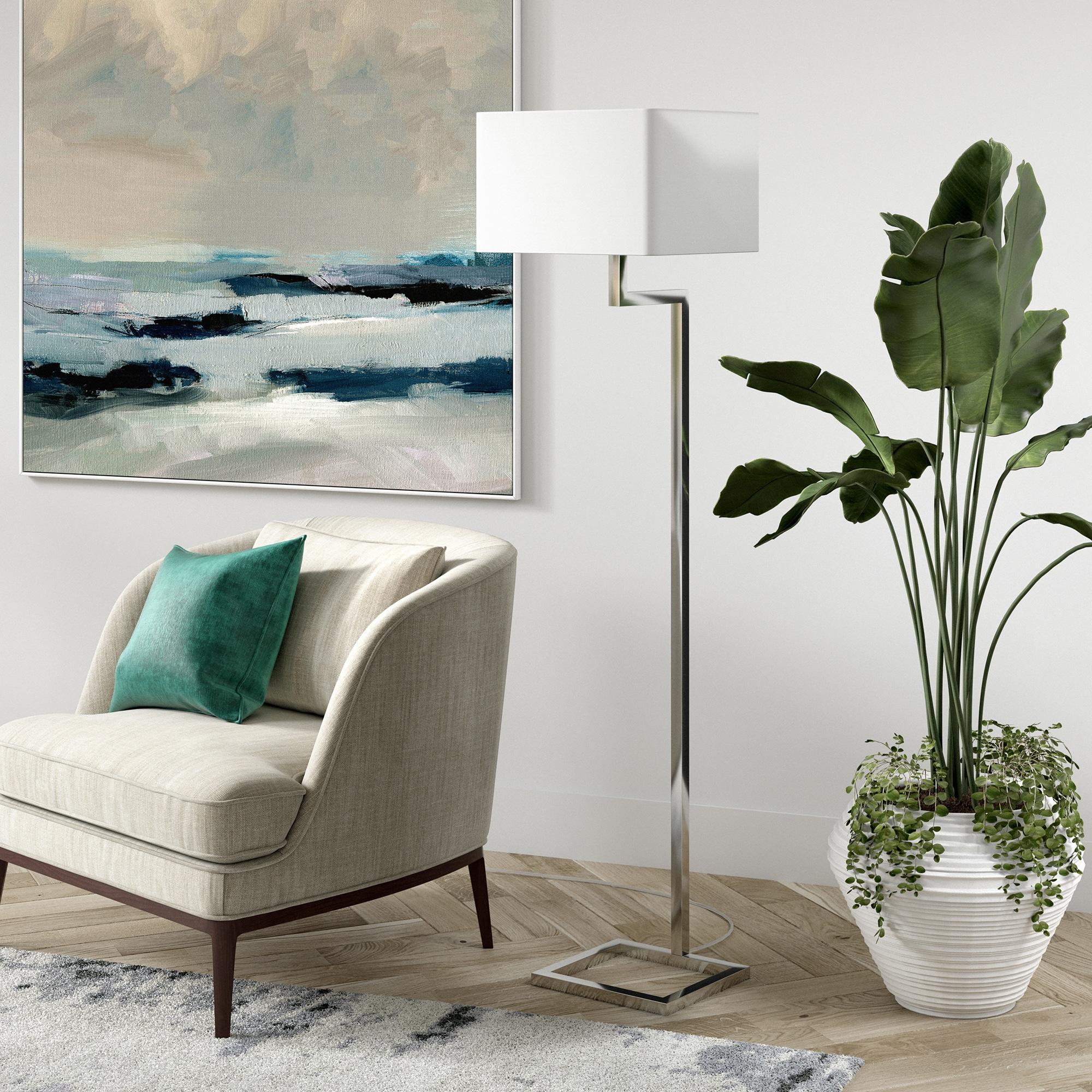 Xavier Smart Voice-Controlled Floor Lamp in Polished Nickel with White Linen Shade