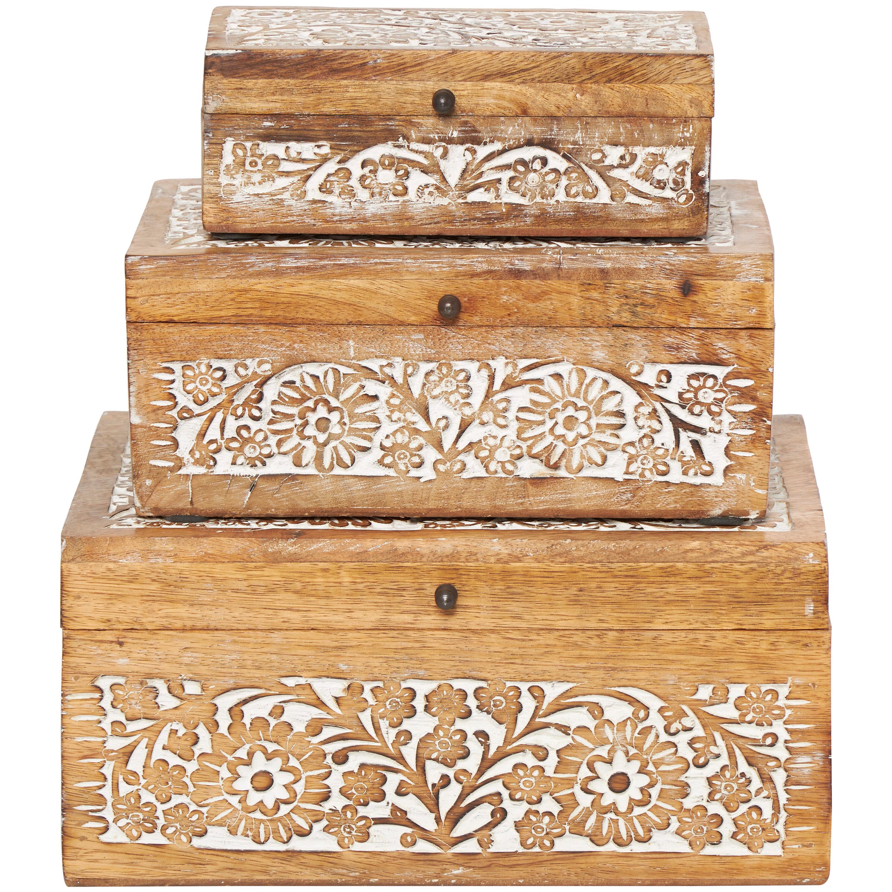 Set of 3 Mango Wood Carved Floral Boxes - Olivia & May: Coastal Style with Lids, Indoor Use, Non-Slip Base