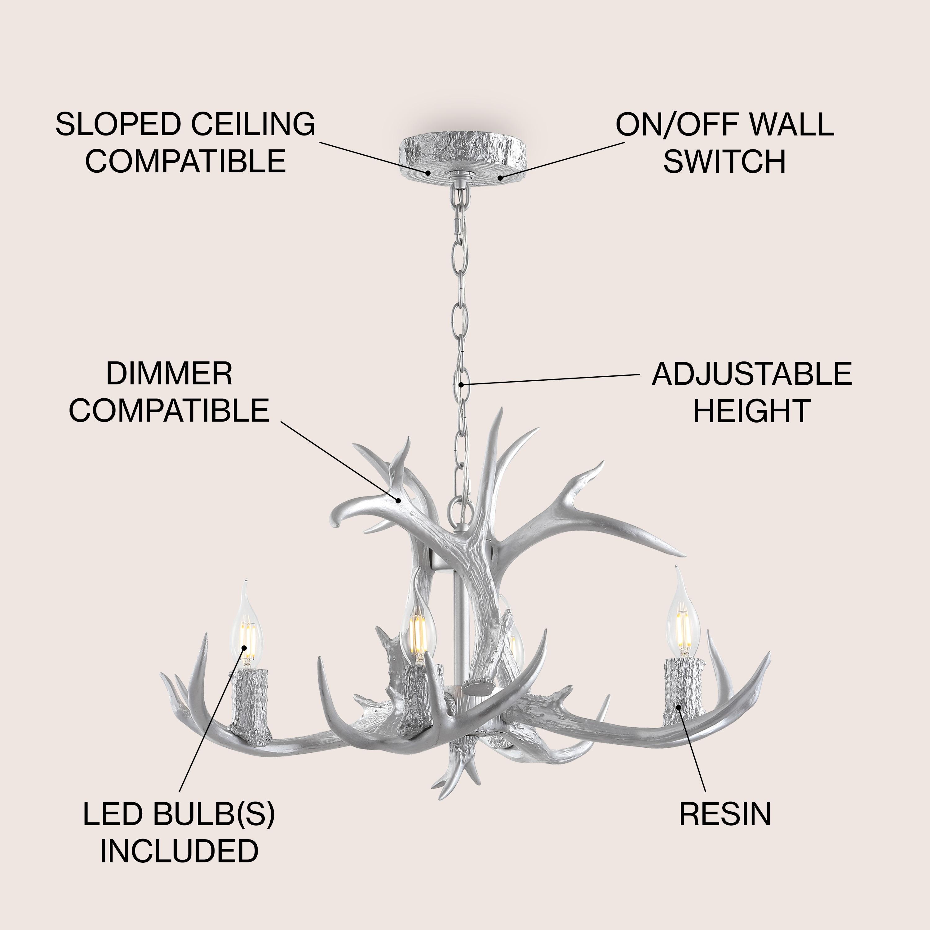 JONATHAN Y JYL6301C Eldora 26" Adjustable Resin Antler 4-Light LED Chandelier, Farmhouse, Glam, Transitional, Rustic, Cottage for living room, dinning room, bedroom, office Bulb Included, Silver