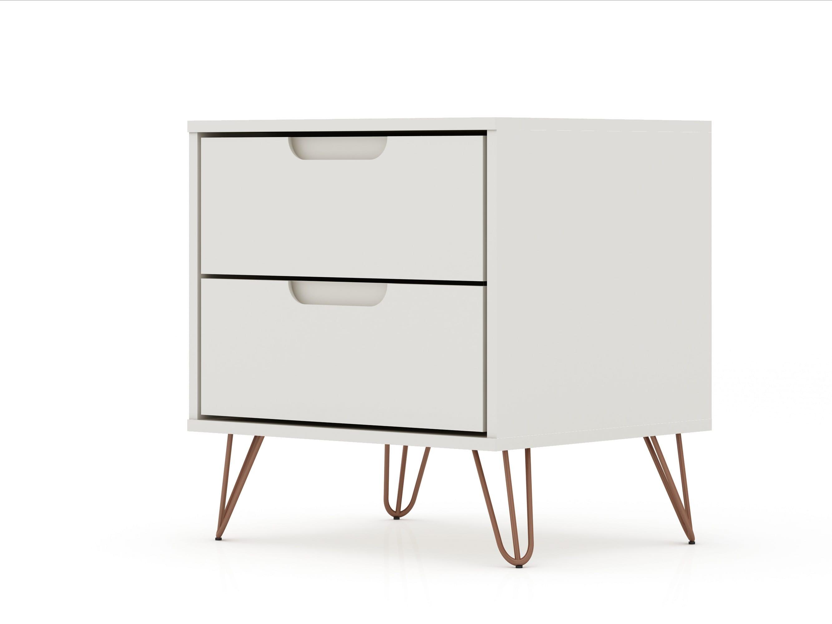 Set of 2 Rockefeller 2 Drawer Nightstands Off White - Manhattan Comfort: Modern Splayed Metal Legs, MDF