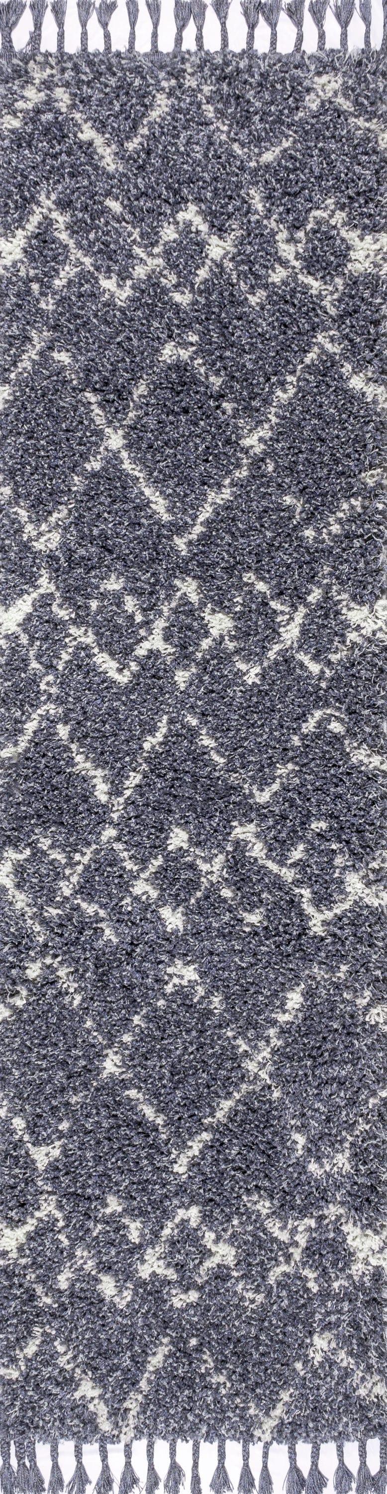 2'x8' Mercer Shag Plush Tassel Moroccan Geometric Trellis Area Rug, Denim/Cream - JONATHAN Y