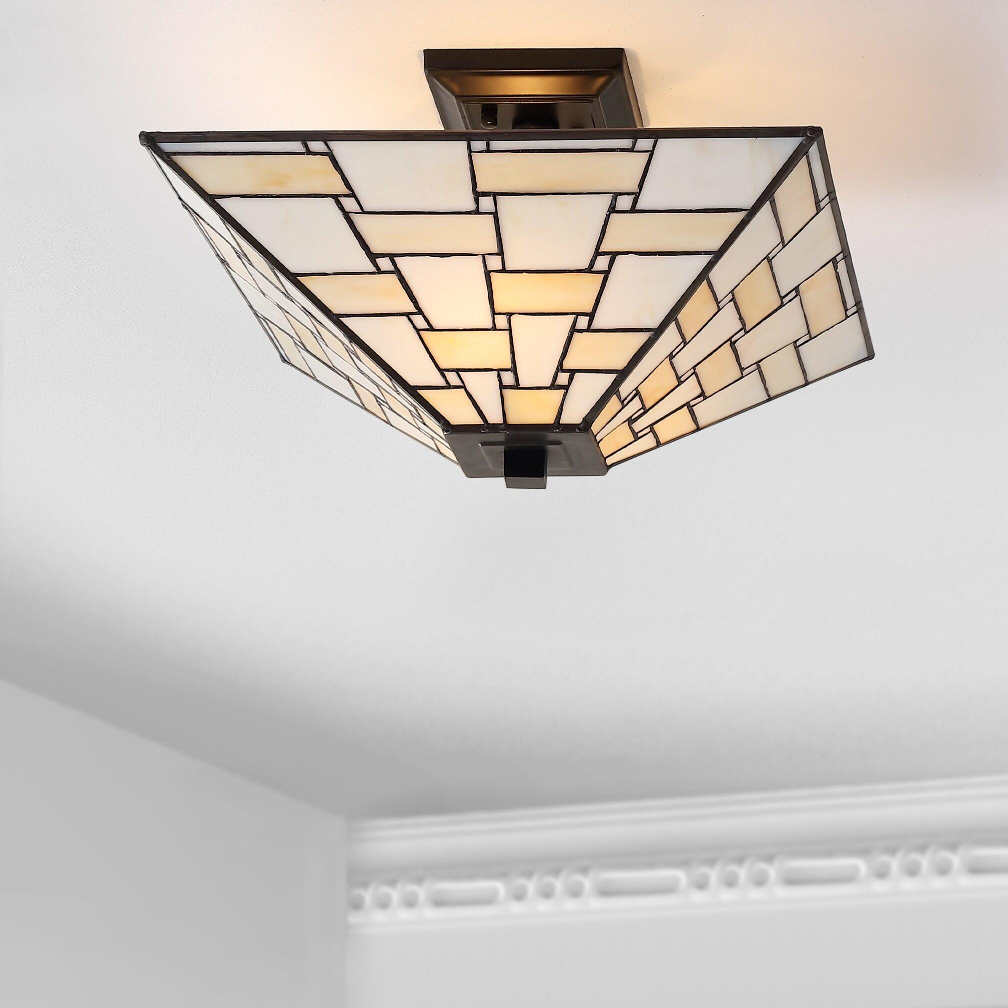 Jason 15.7 in. Tiffany-Style Glass/Metal White/Cream LED Semi-Flush Mount