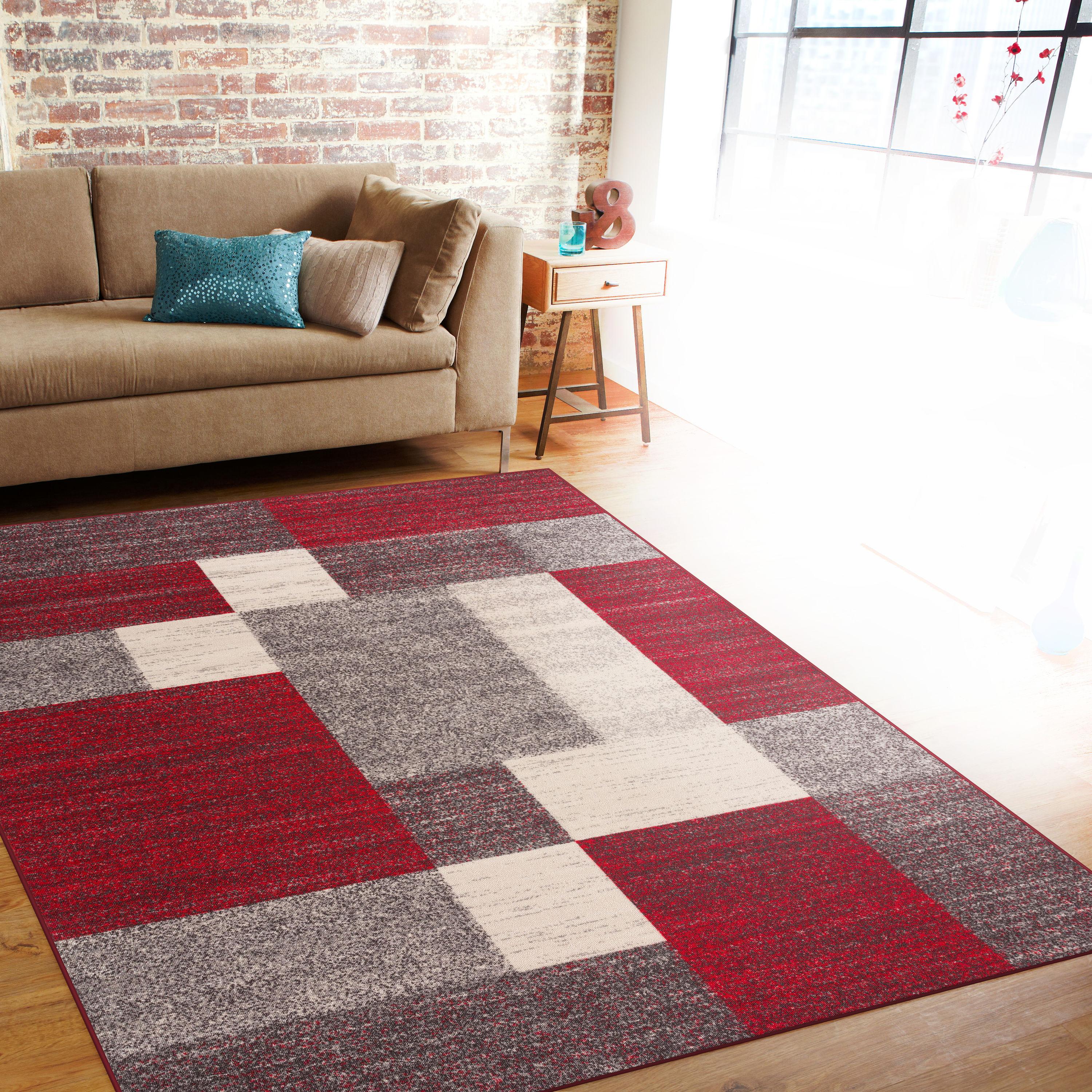 World Rug Gallery Modern Boxes Design Non-slip (Non-skid) Red 7'10" x 10' Area Rug
