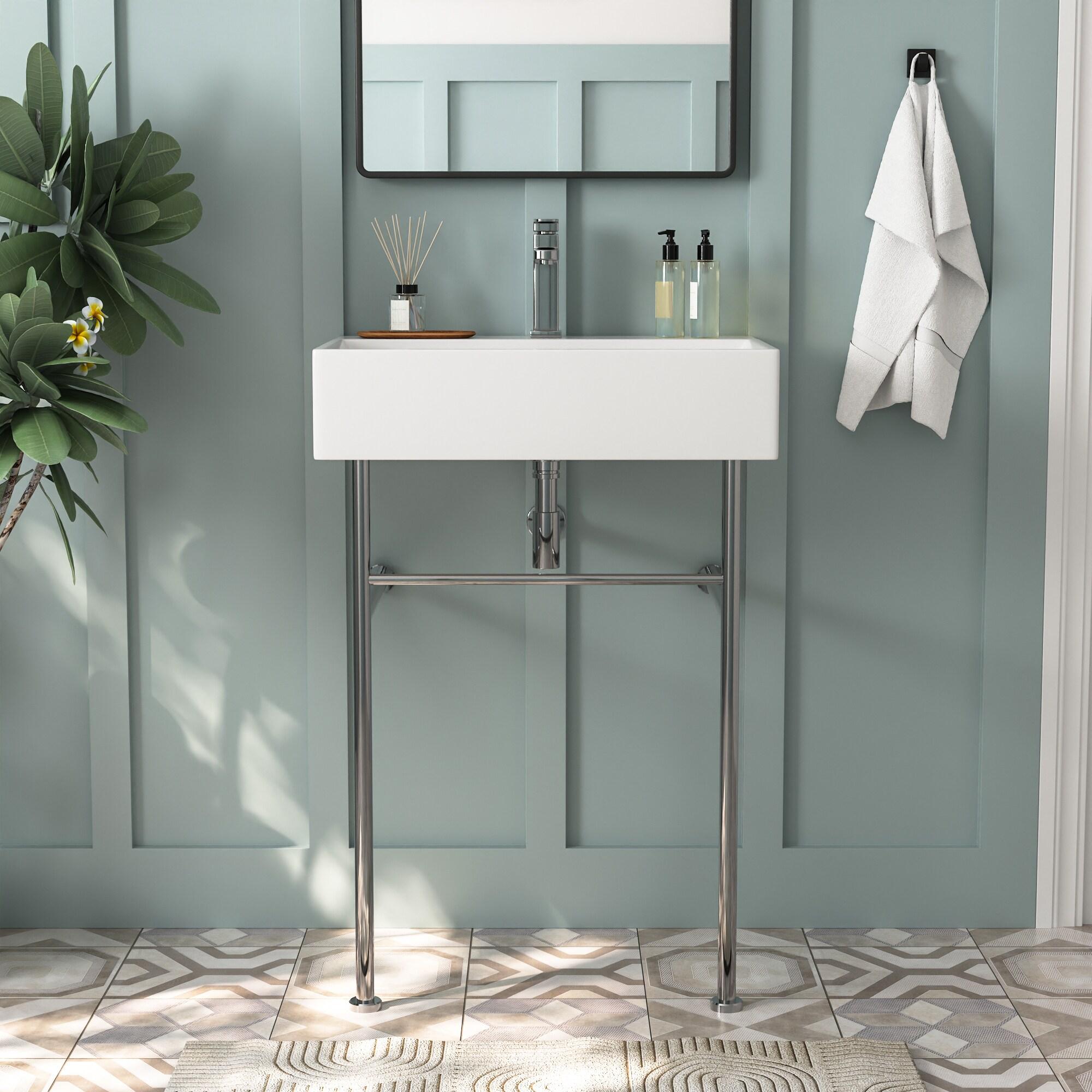 Ceramic White Rectangular Single Faucet Hole 24 in Console Bathroom Sink with Overflow