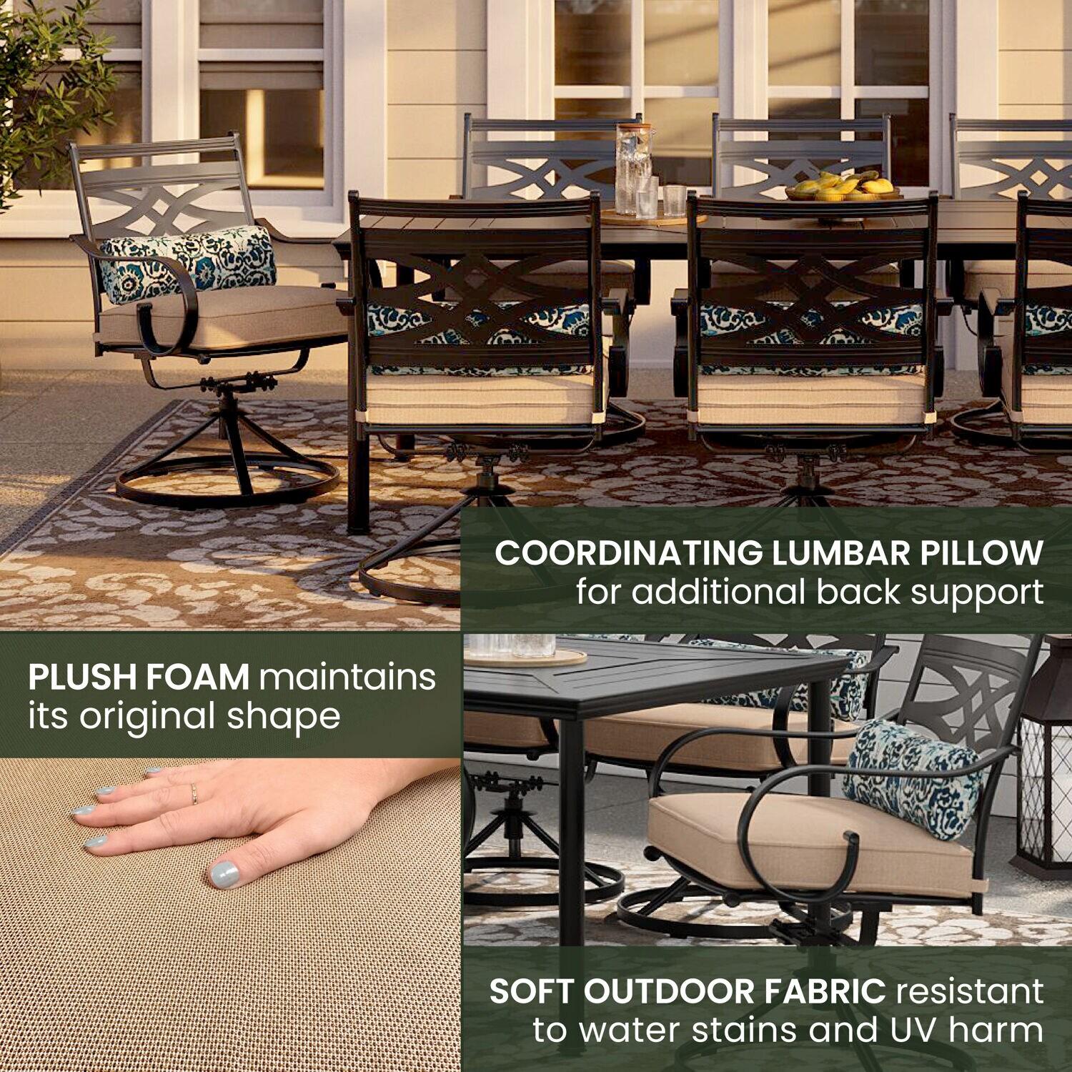 Hanover Montclair 9-Piece All-Weather Outdoor Patio Dining Set, 8 Swivel Rocker Chairs with Comfortable Seat and Lumbar Cushions, 84"x42" Stamped Rectangle Table, MCLRDN9PCSW8-TAN
