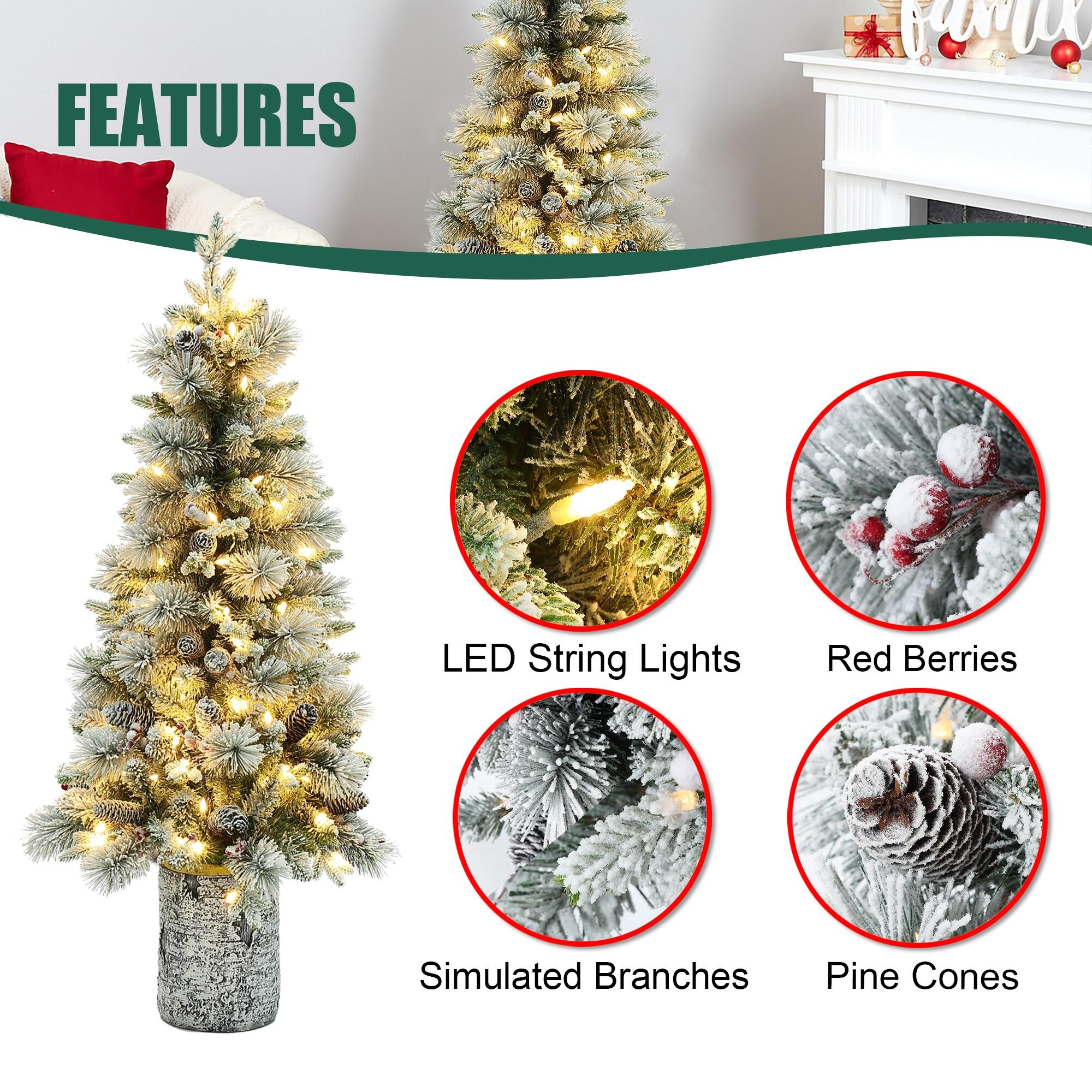 LuxenHome 4' Pre-Lit Green Flocked Potted Artificial Christmas Tree