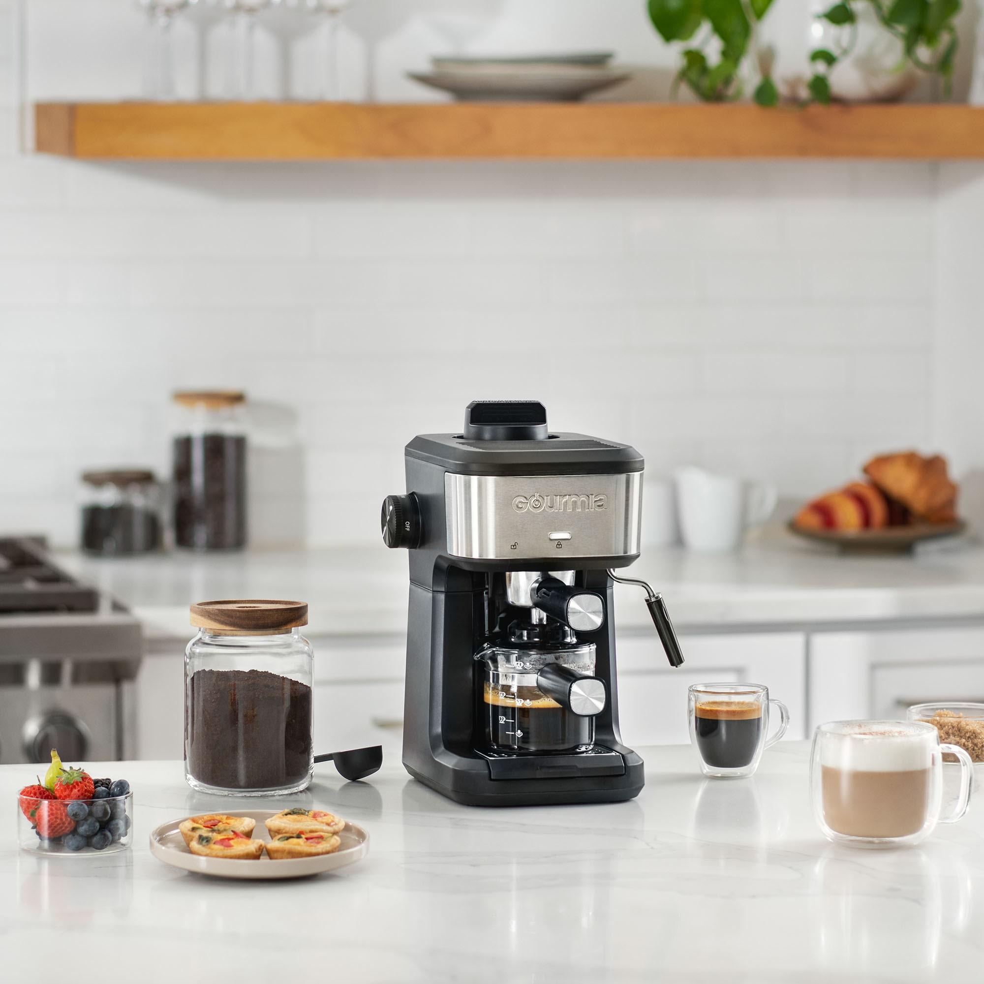 Gourmia 4-Shot Steam Espresso, Cappuccino, and Latte Maker with Frothing Wand: 1.5L Capacity, 1500W Electric