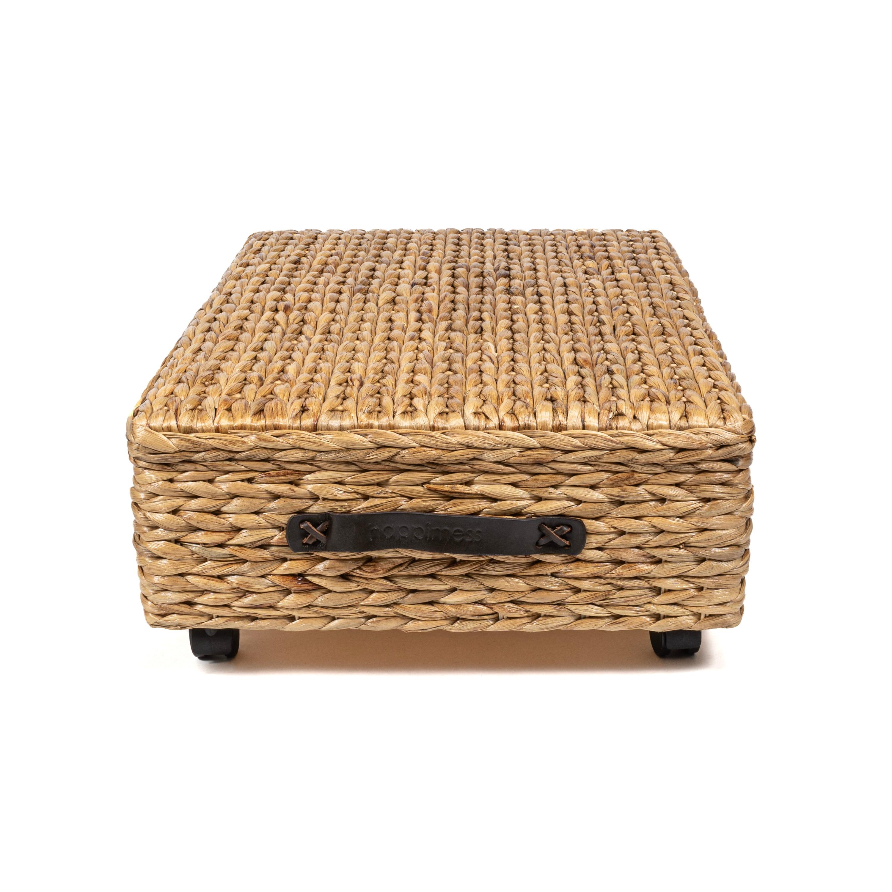 happimess Chett 26.38" Minimalist Hand-Woven Hyacinth/Wood Underbed Storage Bin with Wheels and Handles