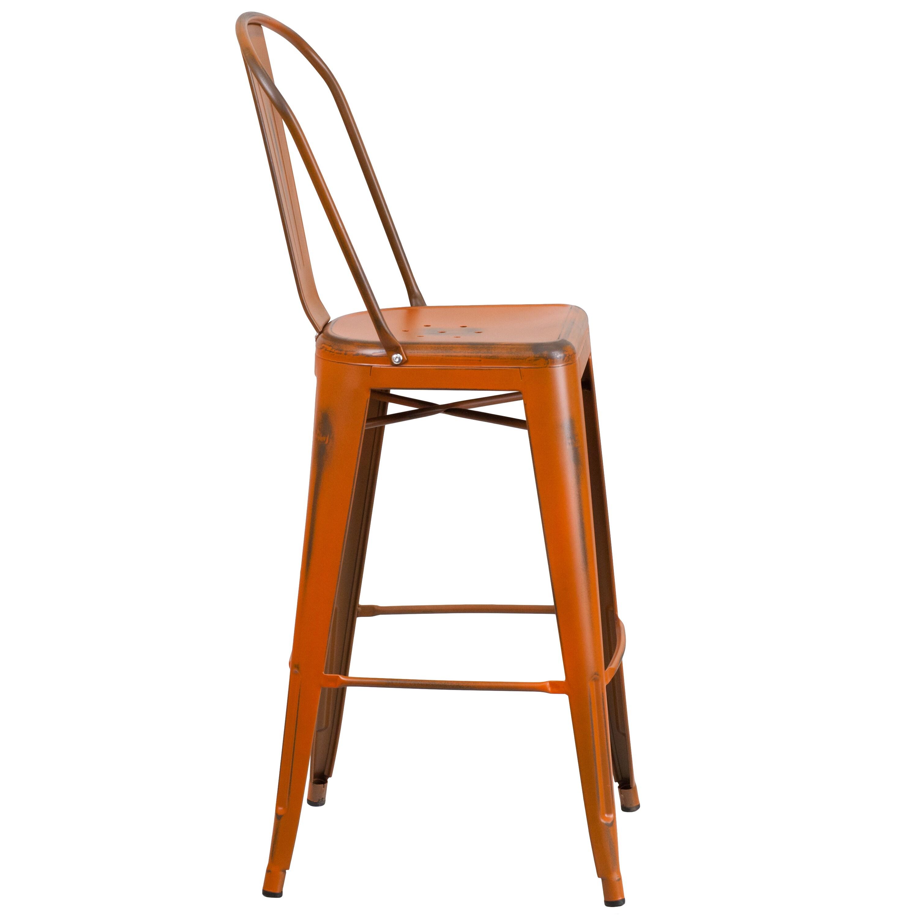 Flash Furniture Commercial Grade 30" High Distressed Orange Metal Indoor-Outdoor Barstool with Back
