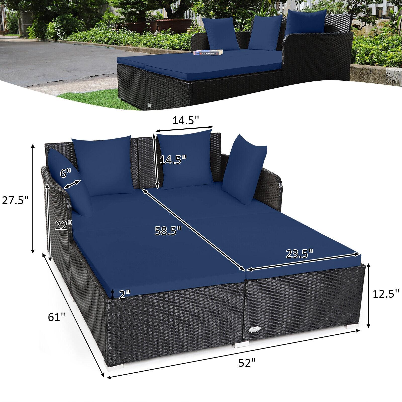 Costway Outdoor Patio Rattan Daybed Pillows Cushioned Sofa Furniture Navy