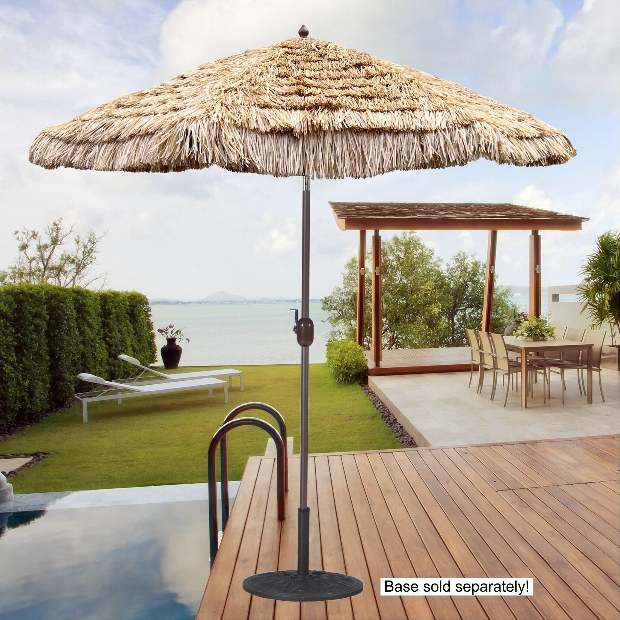 9' x 9' Round Crank Patio Umbrella - Thatch - Tropishade: Weather-Resistant, Aluminum Frame, Push-Button Tilt