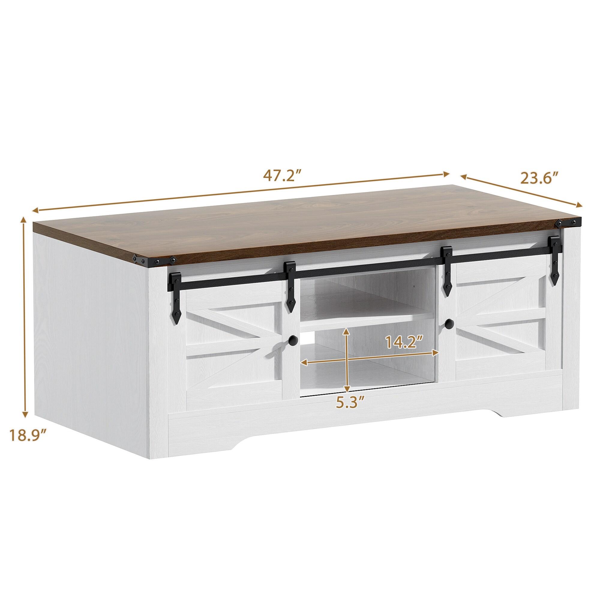 OKD 48" Farmhouse Lift Top Coffee Table with Sliding Barn Door & Adjustable Shelf, Antique White