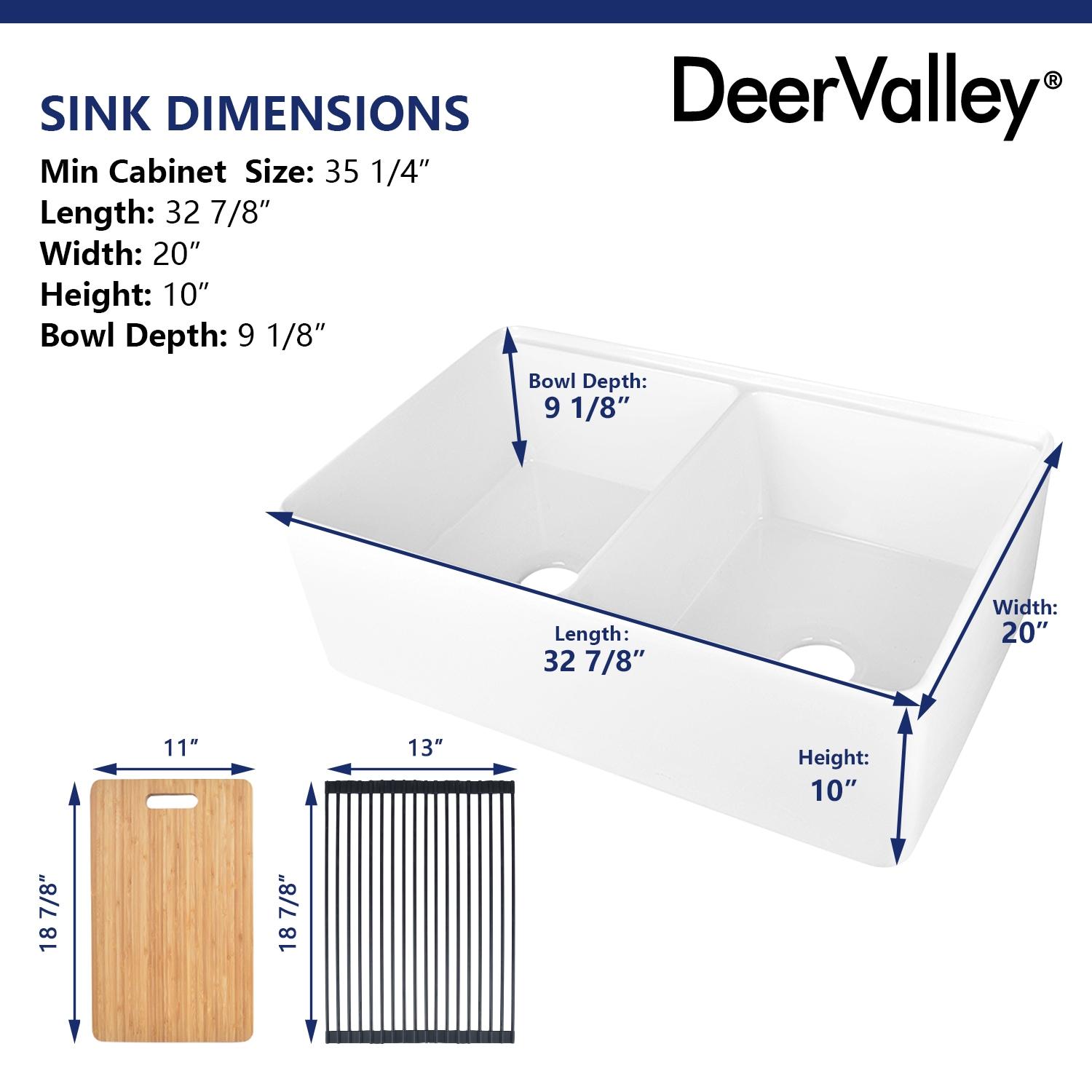 DeerValley 33" L X 20" W Double Basin Workstation Farmhouse Kitchen Sink With Sink Grid, Cutting Board And Dish-Drying Rack
