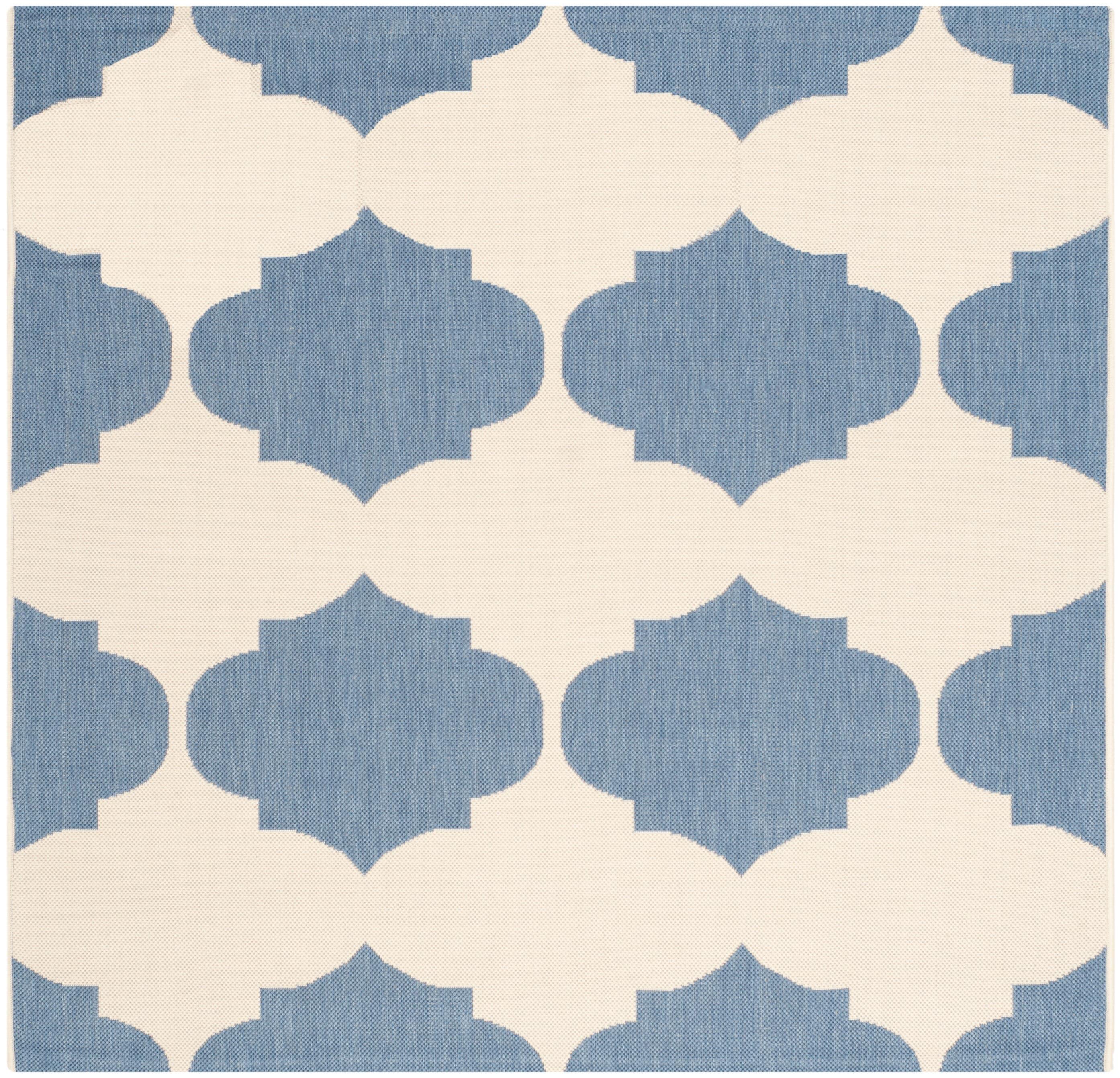 SAFAVIEH Courtyard Elwyn Geometric Trellis Indoor/Outdoor Area Rug, 5'3" x 5'3" Square, Beige/Blue