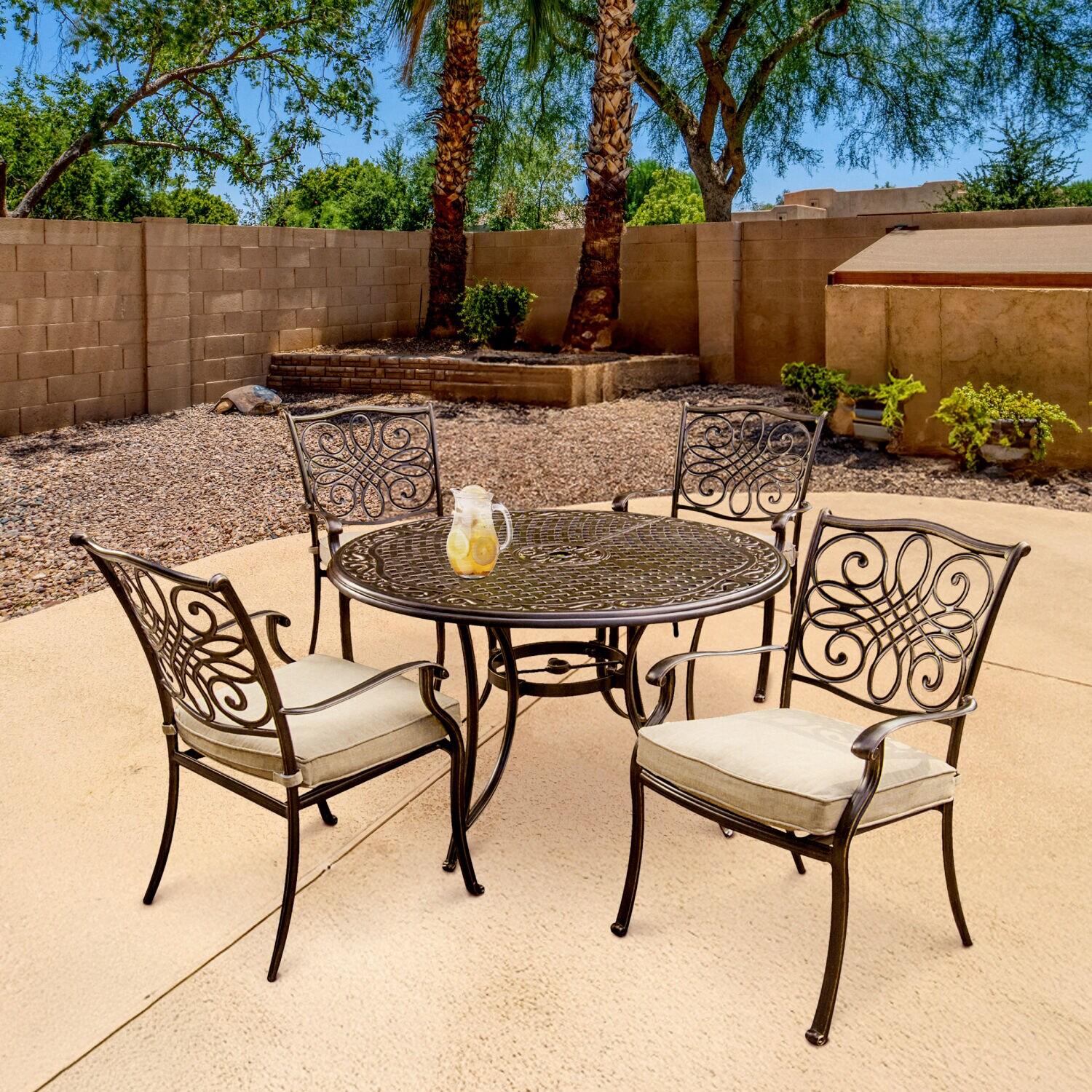 Hanover Traditions 5-Piece Rust-Free Aluminum Outdoor Patio Dining Set with Tan Cushions, 4 Dining Chairs and Aluminum Round Dining Table, TRADITIONS5PC