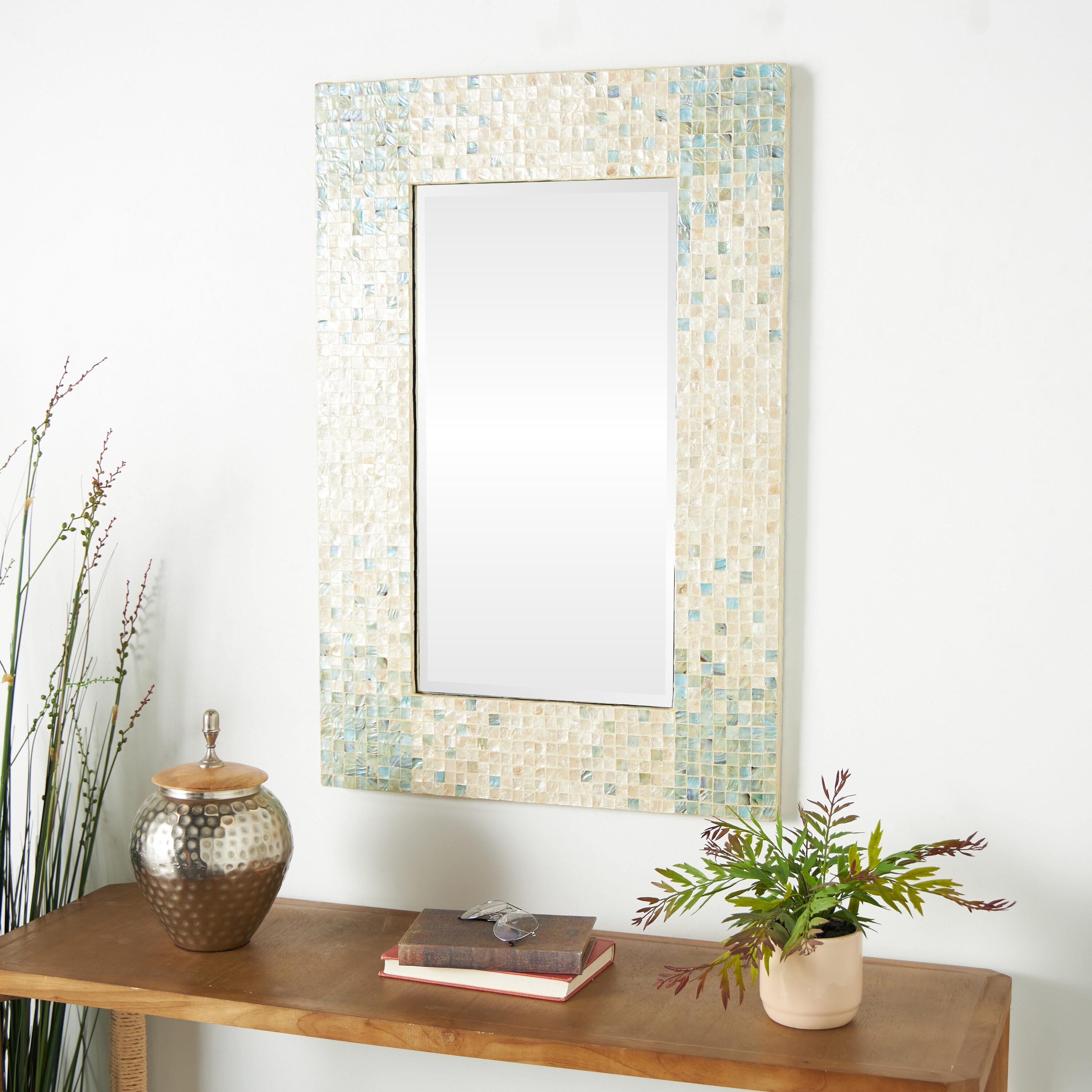 DecMode 24" x 36" Cream Handmade Mosaic Wall Mirror with Blue Corners