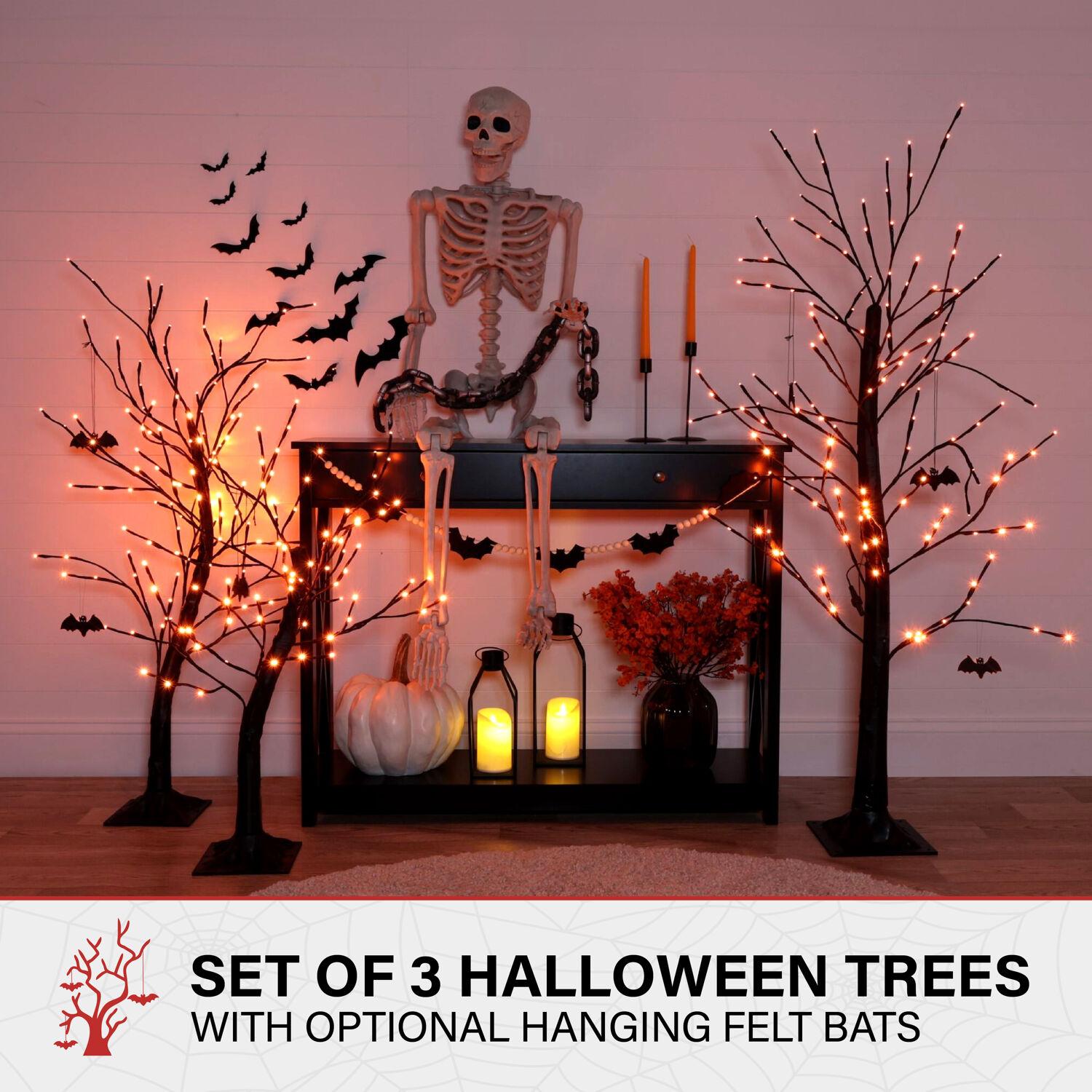 Haunted Hill Farm Set of 3 Halloween Trees with Bats and Orange LED Lights, 3-ft., 4-ft., and 5-ft.