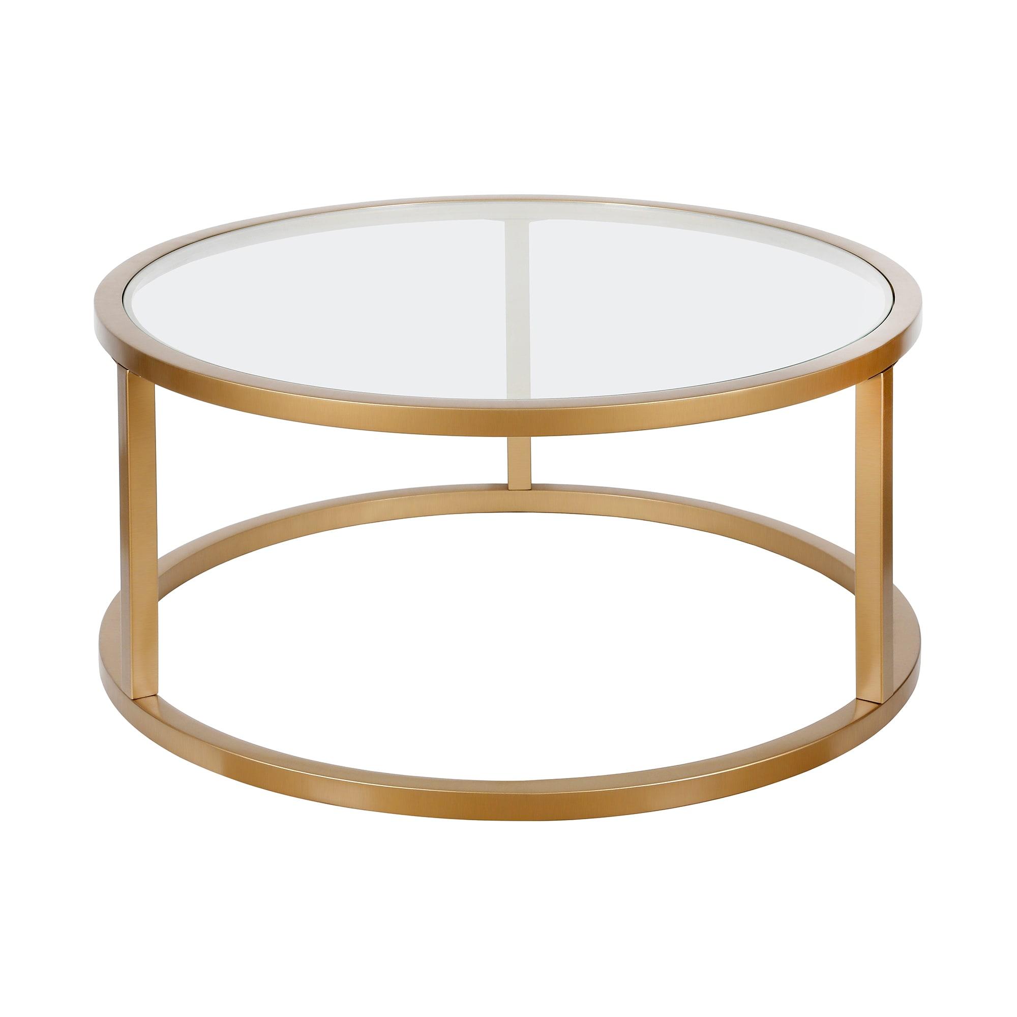 Evelyn&Zoe Metal Round Pedastal Base Coffee Table in Gold and Brass Finish