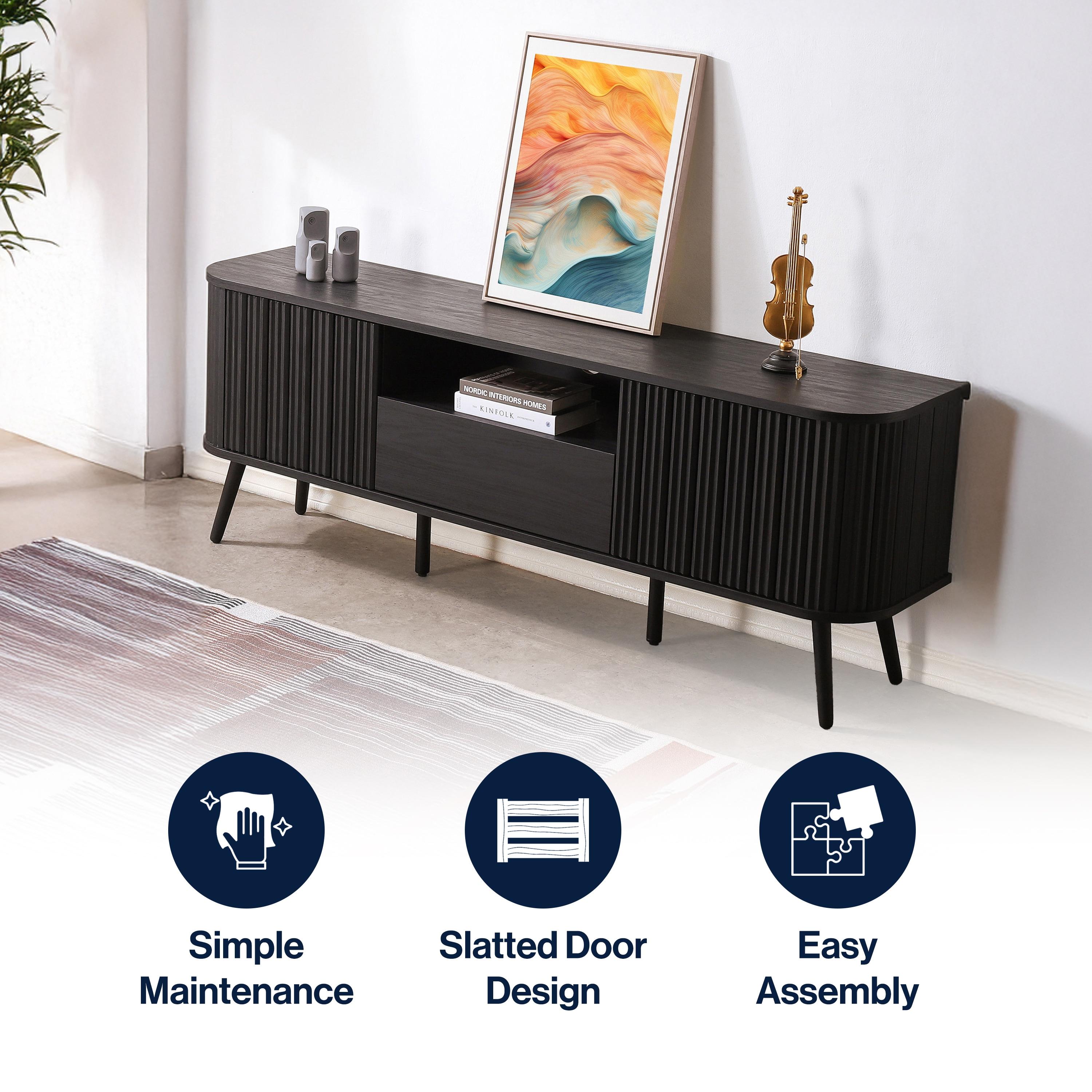 JONATHAN Y Damien 70 in. Farmhouse Curved TV Stand with Drawer and Storage Doors Fits TVs up to 75 in. with Cable Management, Black