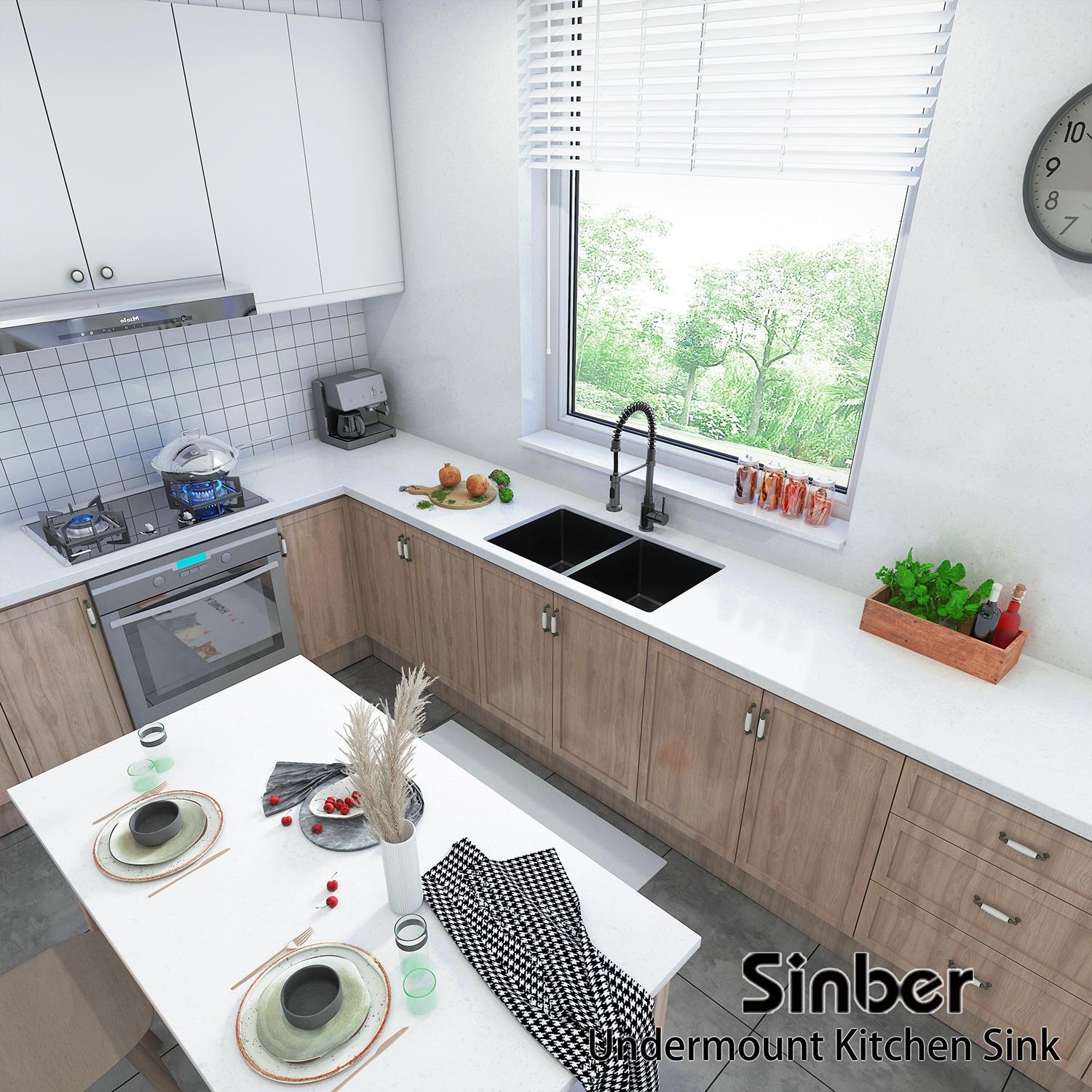 Sinber  Undermount Double Bowl 304 Stainless Steel Kitchen Sink 32" x 19" x 10"(18 Gauge Sink Only) - Black