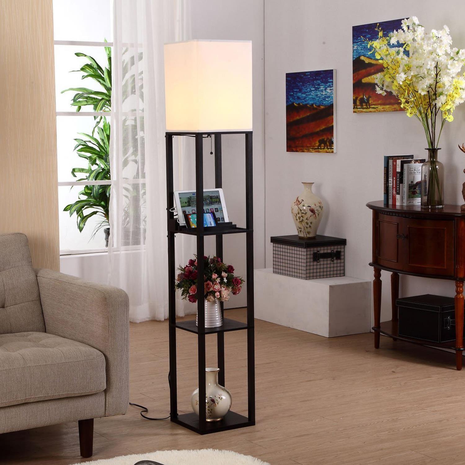 Classic Black Adjustable Wooden Shelf Floor Lamp with USB Ports