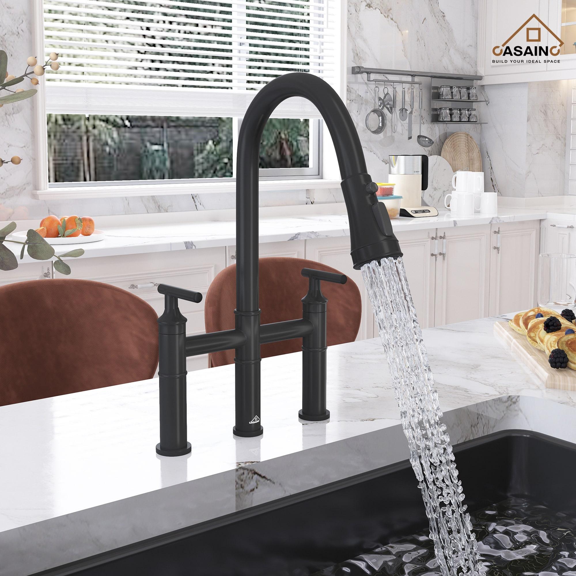 CASAINC Sleek 2-Handle Bridge Kitchen Faucet with Three Function Pull-Down Sprayhead 1.8 GPM KCLT0001-MB