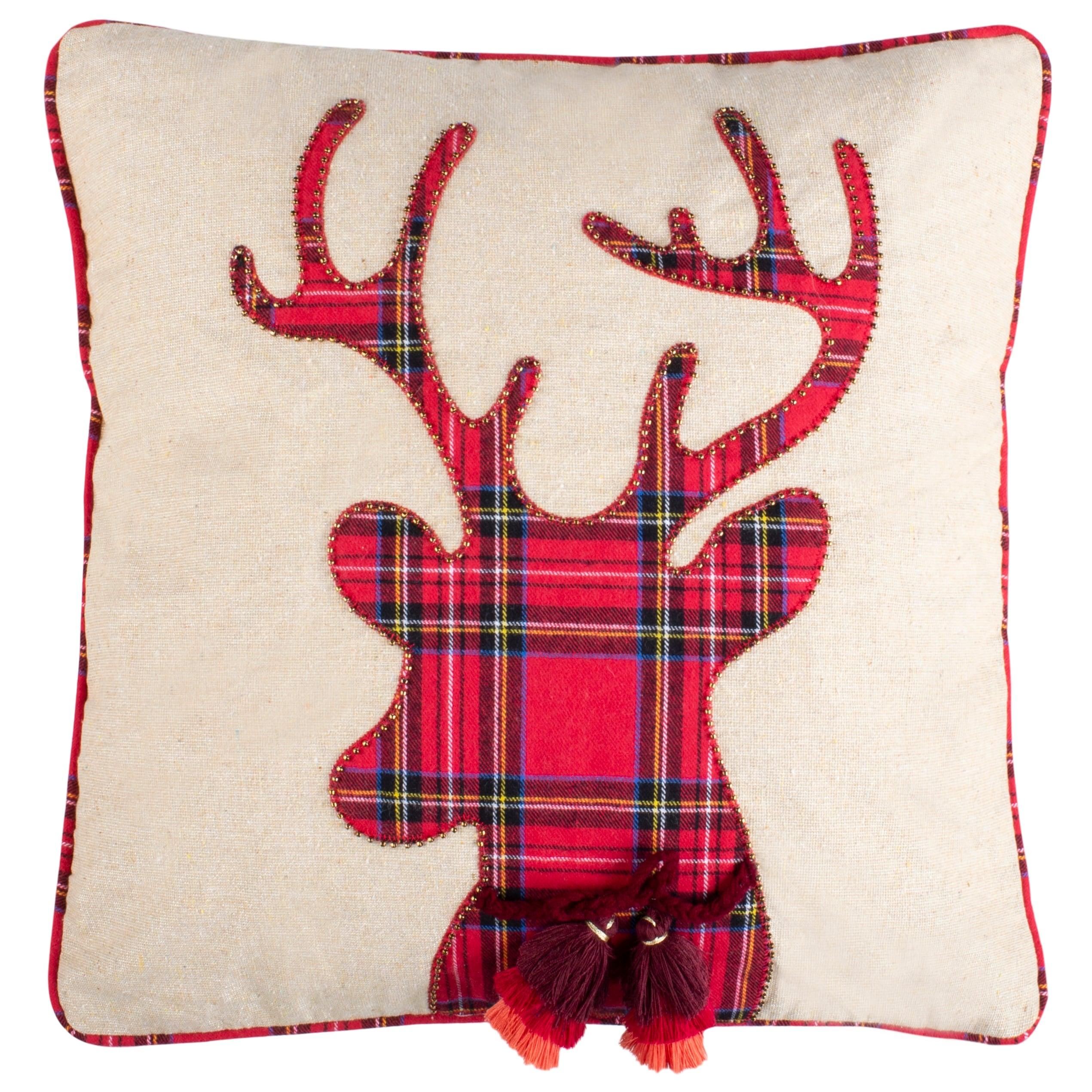 SAFAVIEH Blitz Christmas Plaid Reindeer 18" x 18" Holiday Pillow, Beige/Red