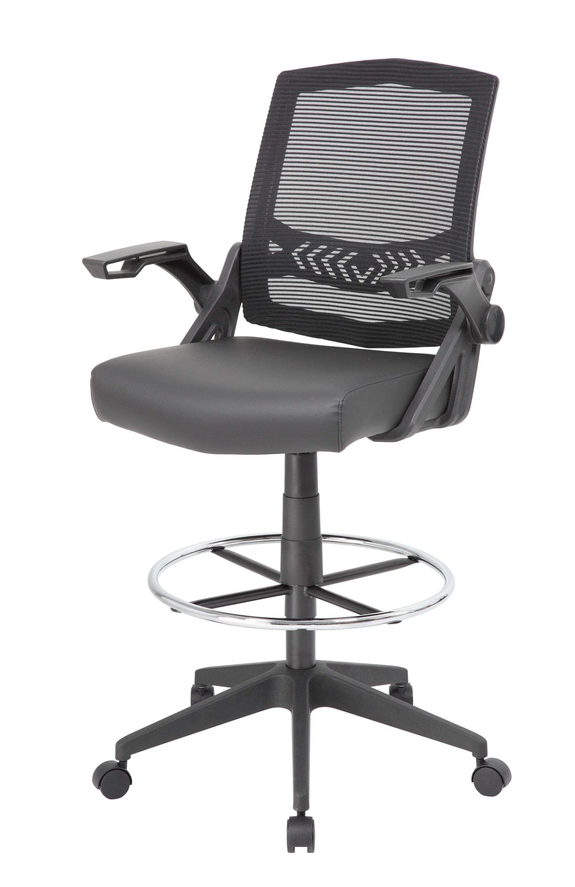 Boss Office Products Drafting Stool with Flip Arms Mesh Black: Adjustable for Tall Desks, Ergonomic Design, Nylon Frame