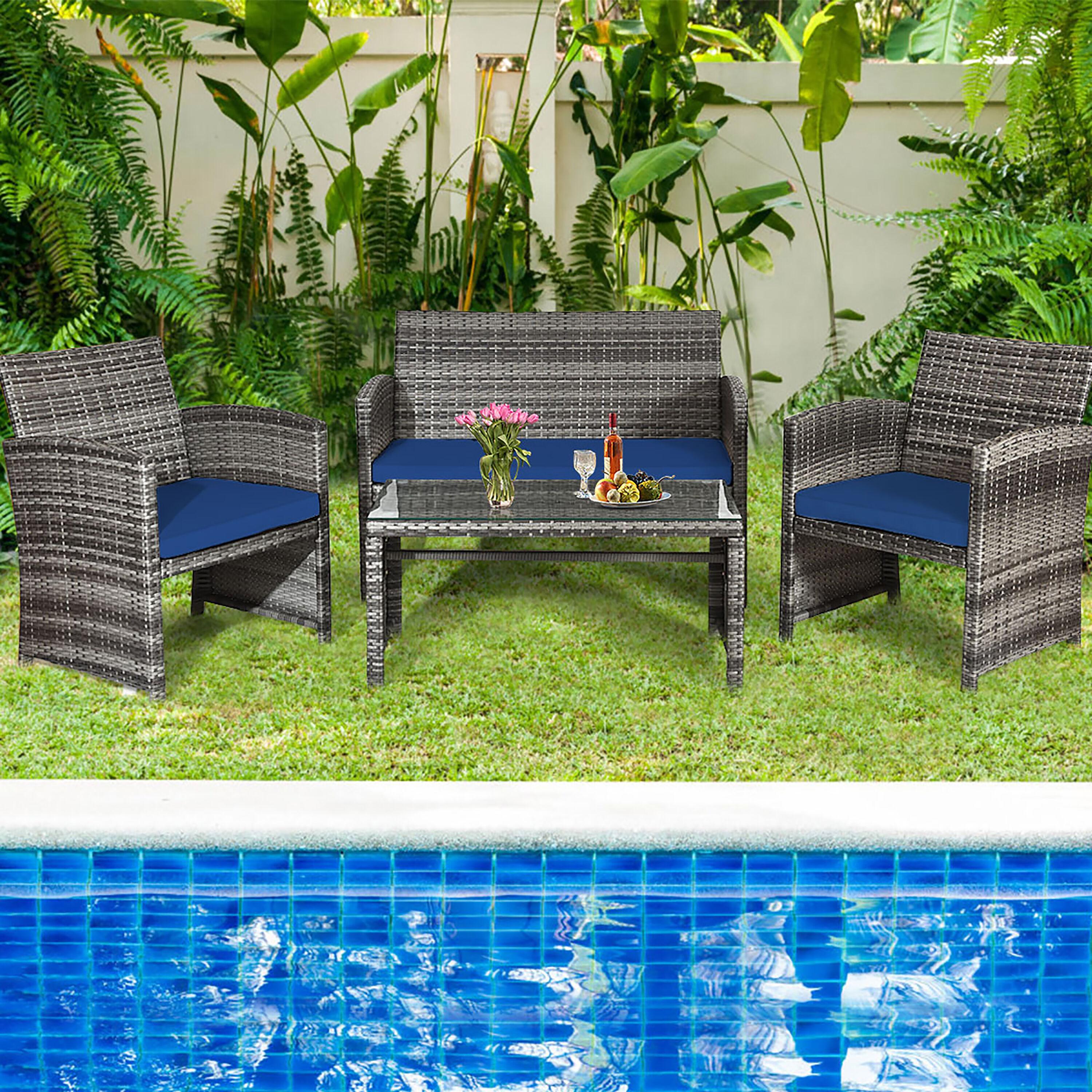 Resenkos 4 Pieces Outdoor Rattan Furniture Set, Wicker Furniture Sets, Patio Conversation Sets with Coffee Table Cushioned Sofa-Red
