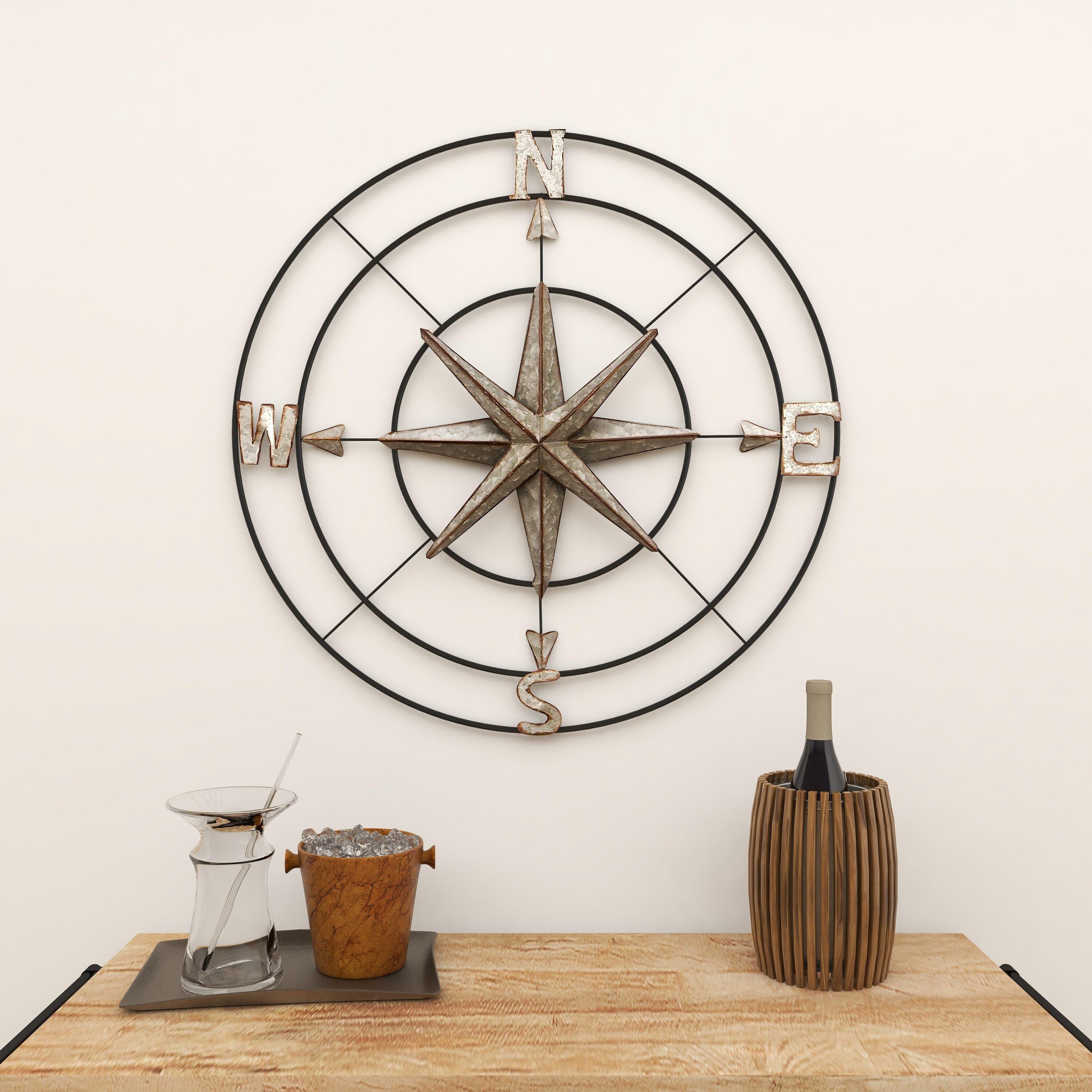 DecMode Farmhouse Metal Compass Shaped with 3D 8 Point Star Wall Décor, 32"D with Metallic Silver Galvanized Finish